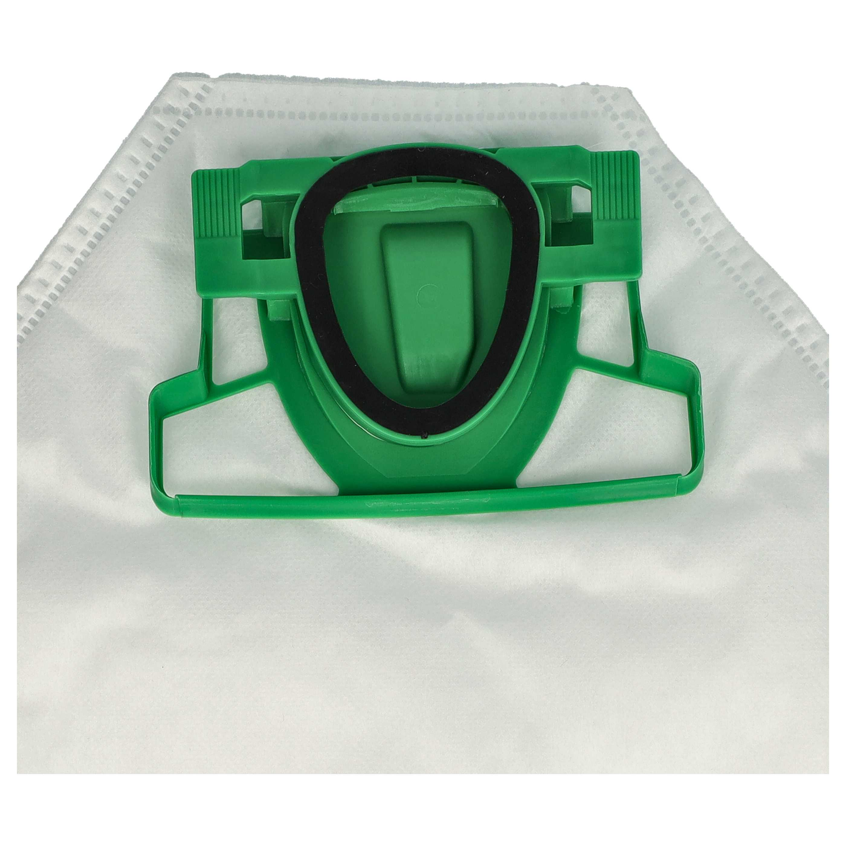 Ein grüner Staubsaugerbeutelhalter aus Kunststoff befindet sich auf einem weißen Filterbeutel. Ein schwarzer Gummiring sitzt im Halter.
