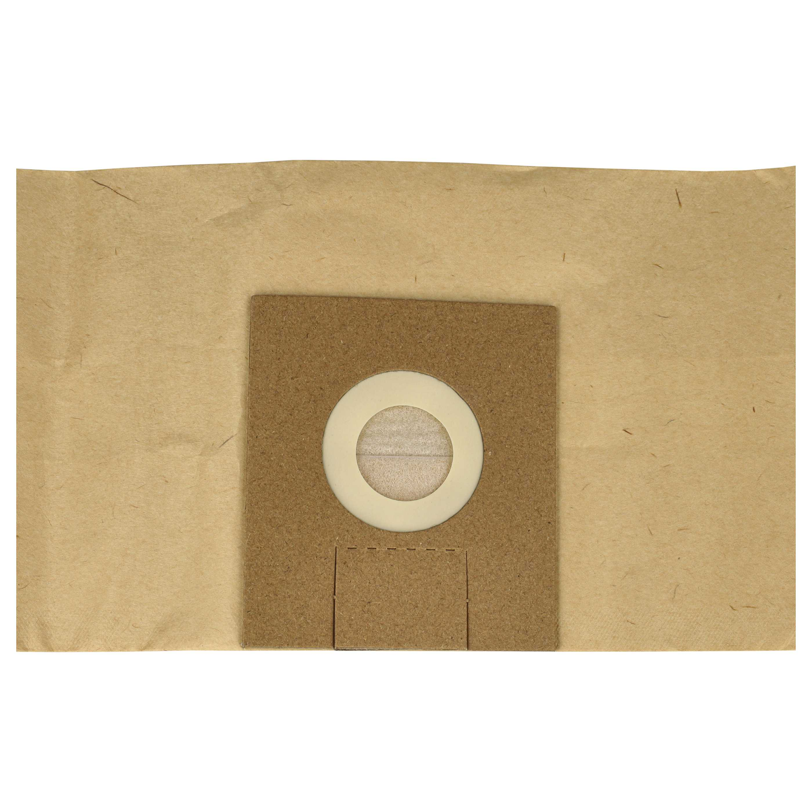 Ein brauner Staubsaugerbeutel aus Papier mit einem rechteckigen Filter in der Mitte und einem weißen kreisförmigen Rand.