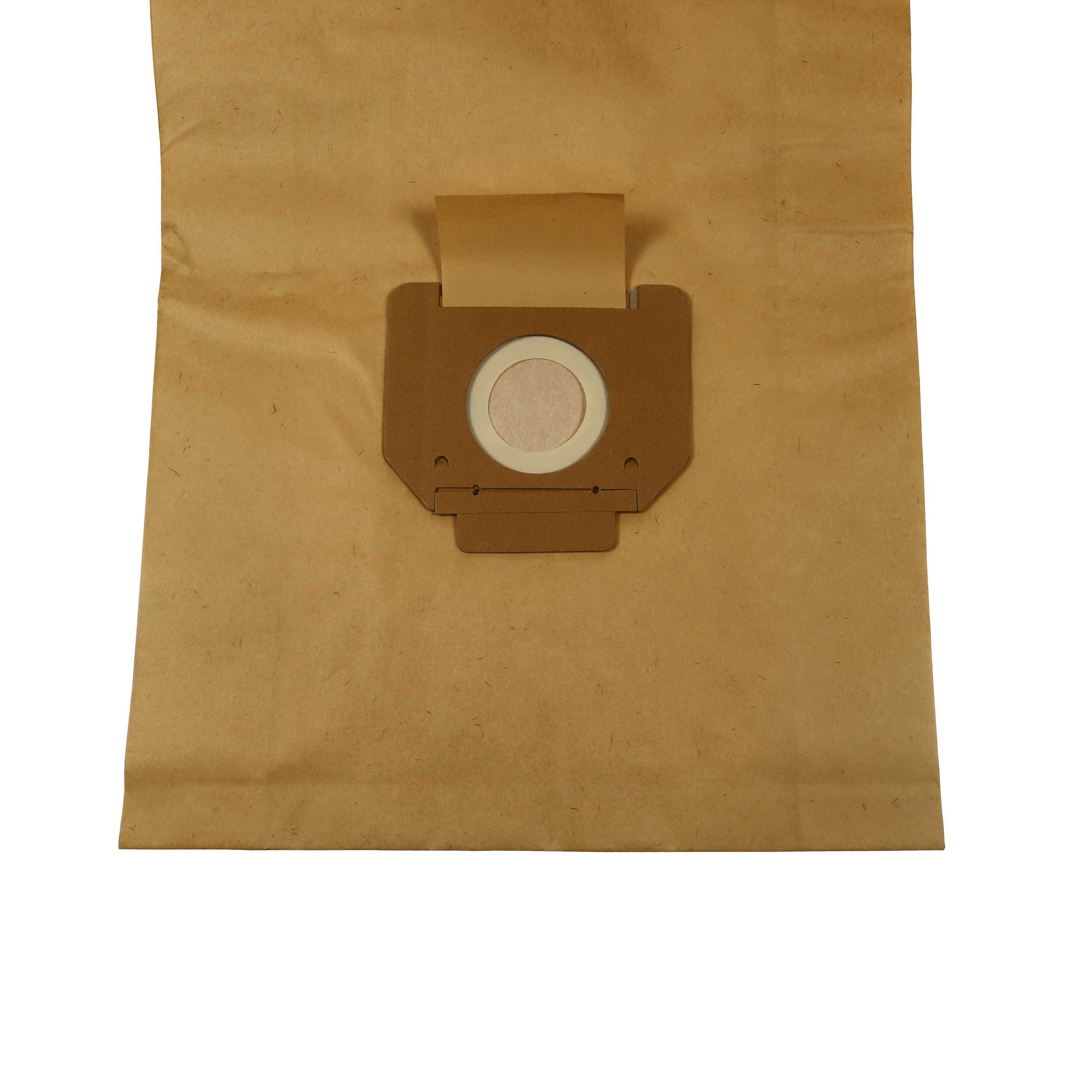 Ein brauner Staubsaugerbeutel aus Papier mit einem beigen Filter und einer runden Öffnung auf weißem Hintergrund.
