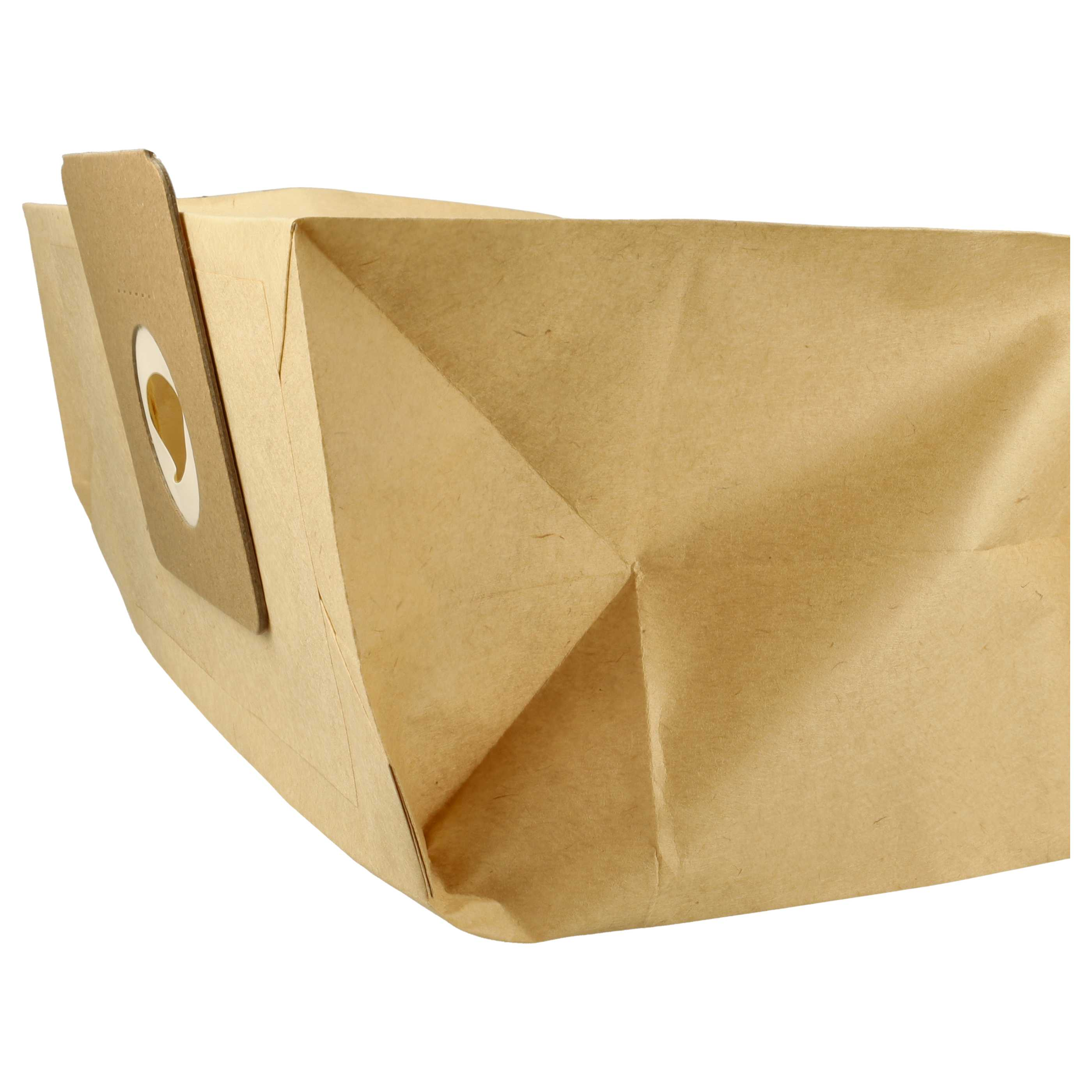 Brauner Staubsaugerbeutel aus Papier, schräge Ansicht, mit sichtbarem Filterelement. Der Hintergrund ist weiß.