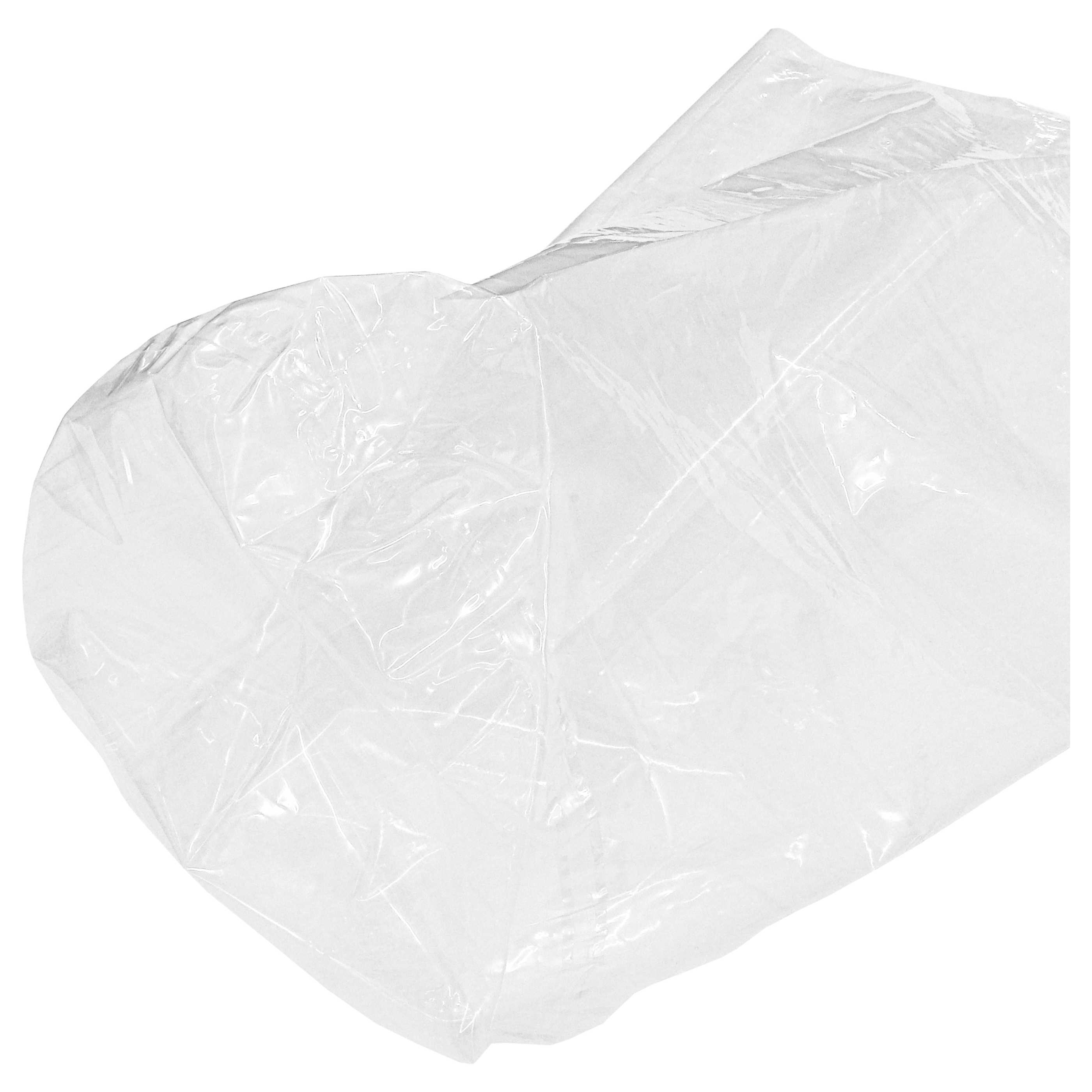 Ein transparentes Kunststoffmaterial mit Falten und Knicken. Der Hintergrund ist weiß.