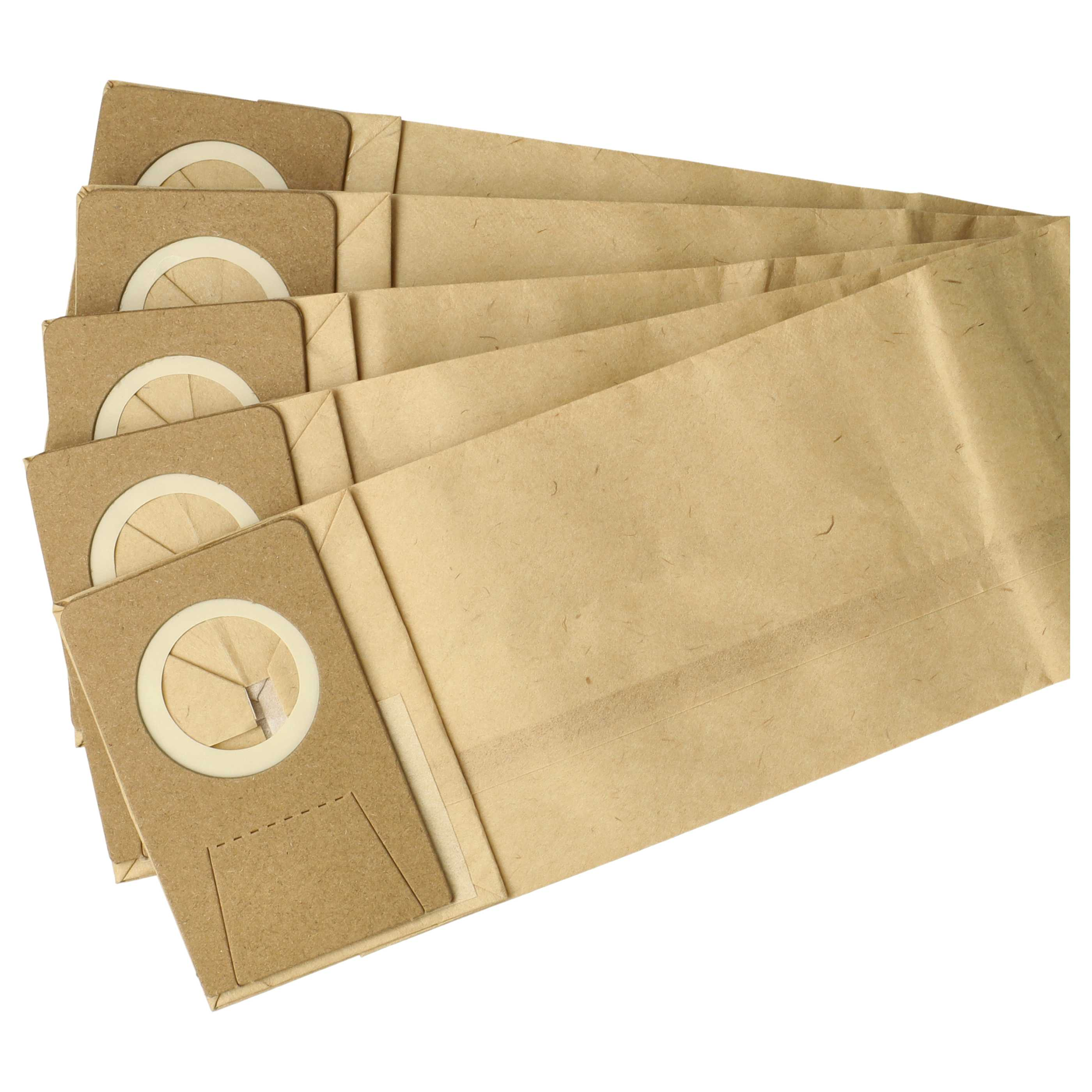 Mehrere braune Papiersaugerbeutel sind vor weißem Hintergrund aufgefächert, jeder mit einer kreisförmigen Öffnung.