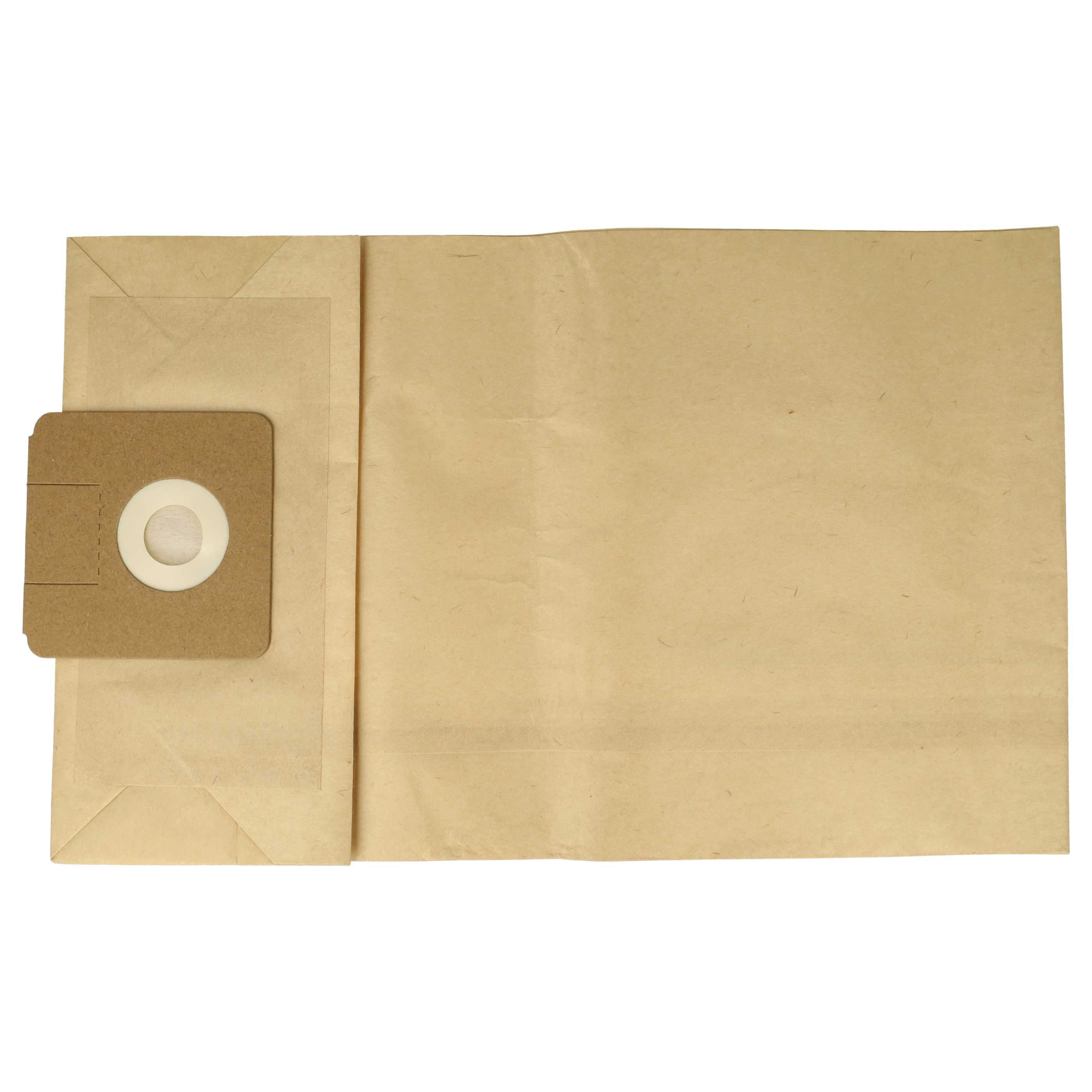 Ein brauner Staubsaugerbeutel aus Papier mit einem Kartonfilter und einem weißen Ring. Die Tasche ist offen.