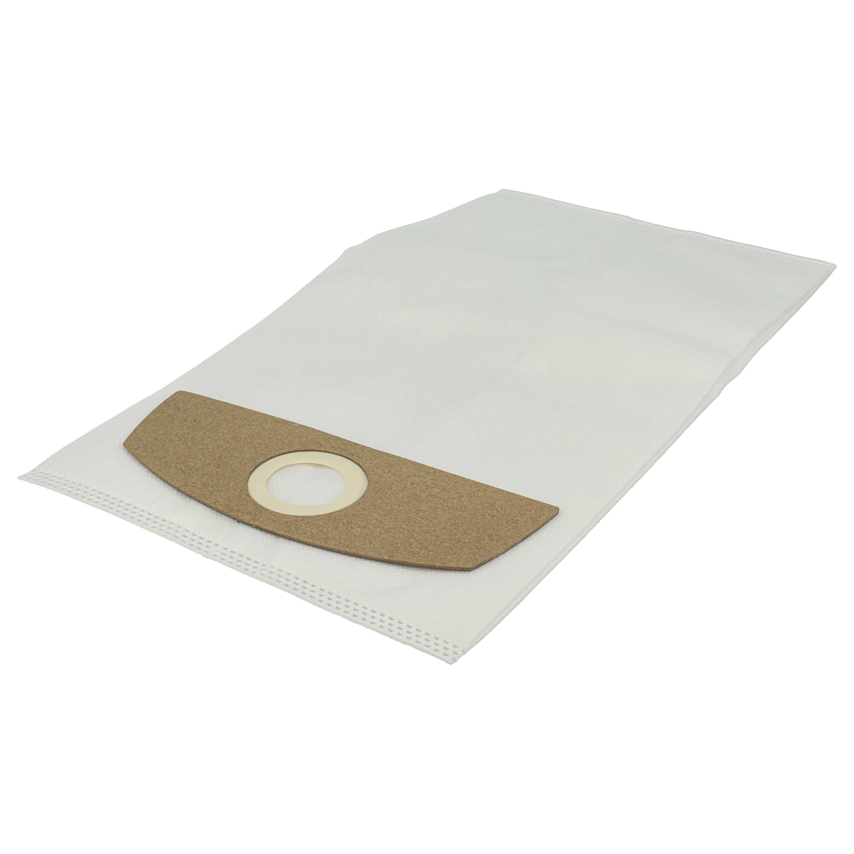 Ein weißer Staubsaugerbeutel mit einem braunen Kartonstück mit Loch in der Mitte, auf weißem Hintergrund platziert.