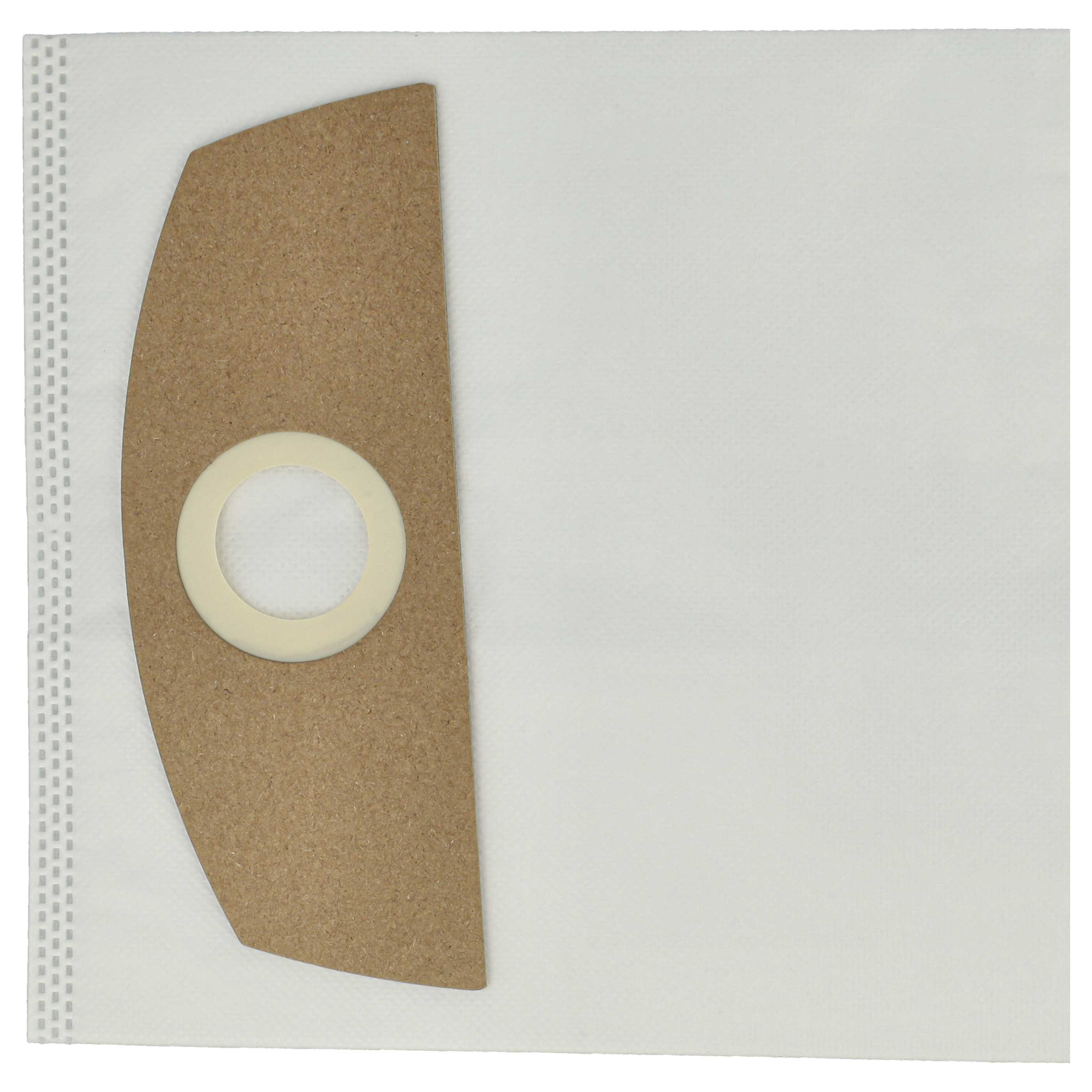 Ein weißer Staubsaugerbeutel mit braunem Kartondeckel und beigem Ring. Die Tasche hat ein weißes, strukturiertes Papier.