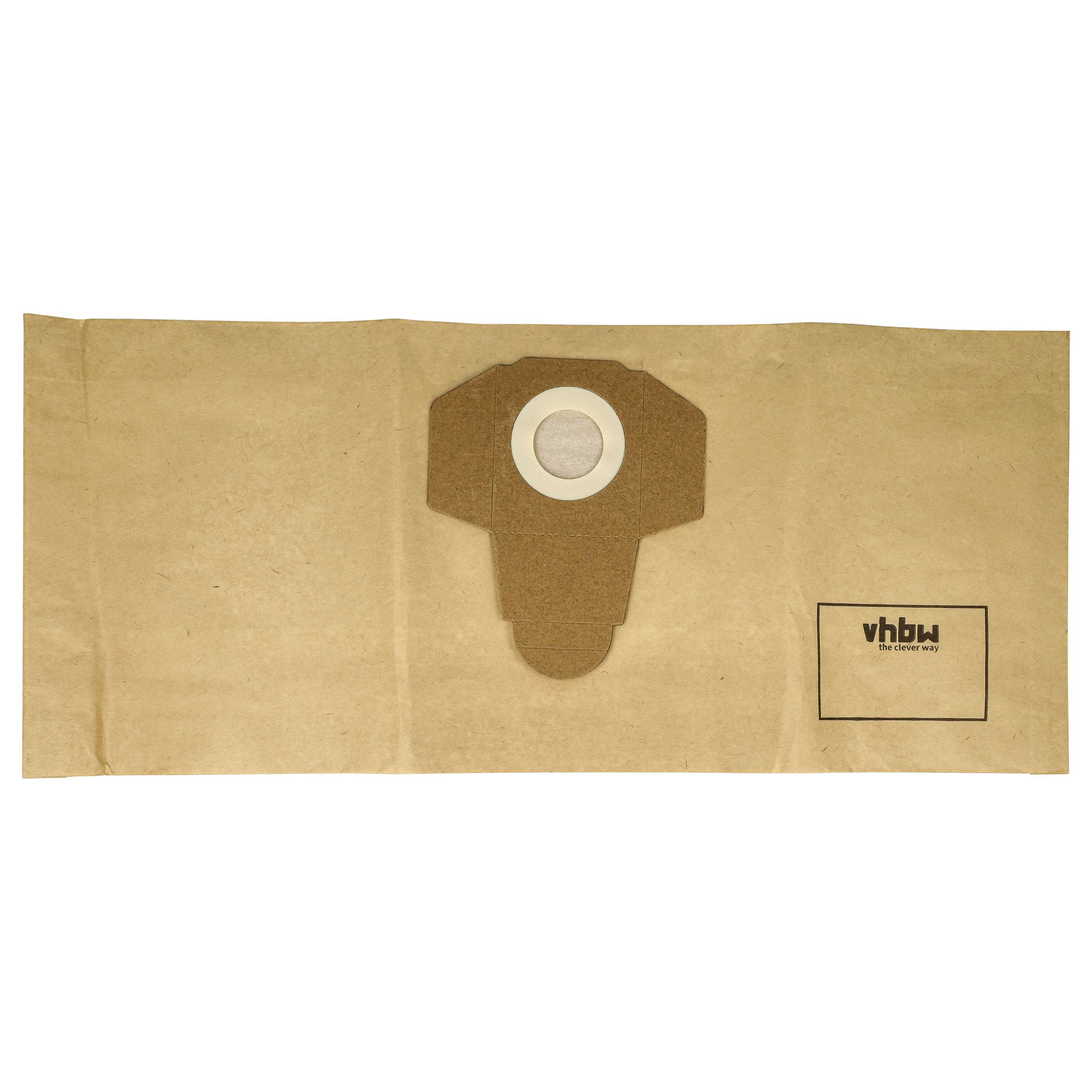 Brauner Staubsaugerbeutel. Er hat eine zentrale Öffnung mit weißem Ring. Das Markenlogo befindet sich unten rechts.