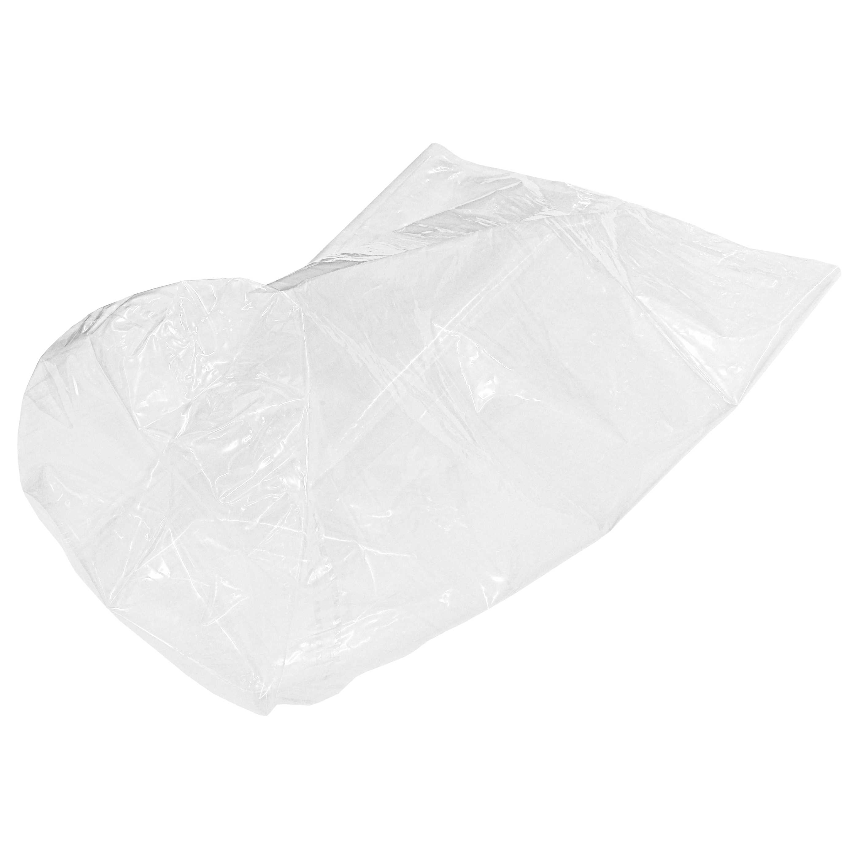 Eine transparente Plastiktüte, zerknittert und leicht geöffnet, vor weißem Hintergrund. Die Tüte hat Falten und Knicke.