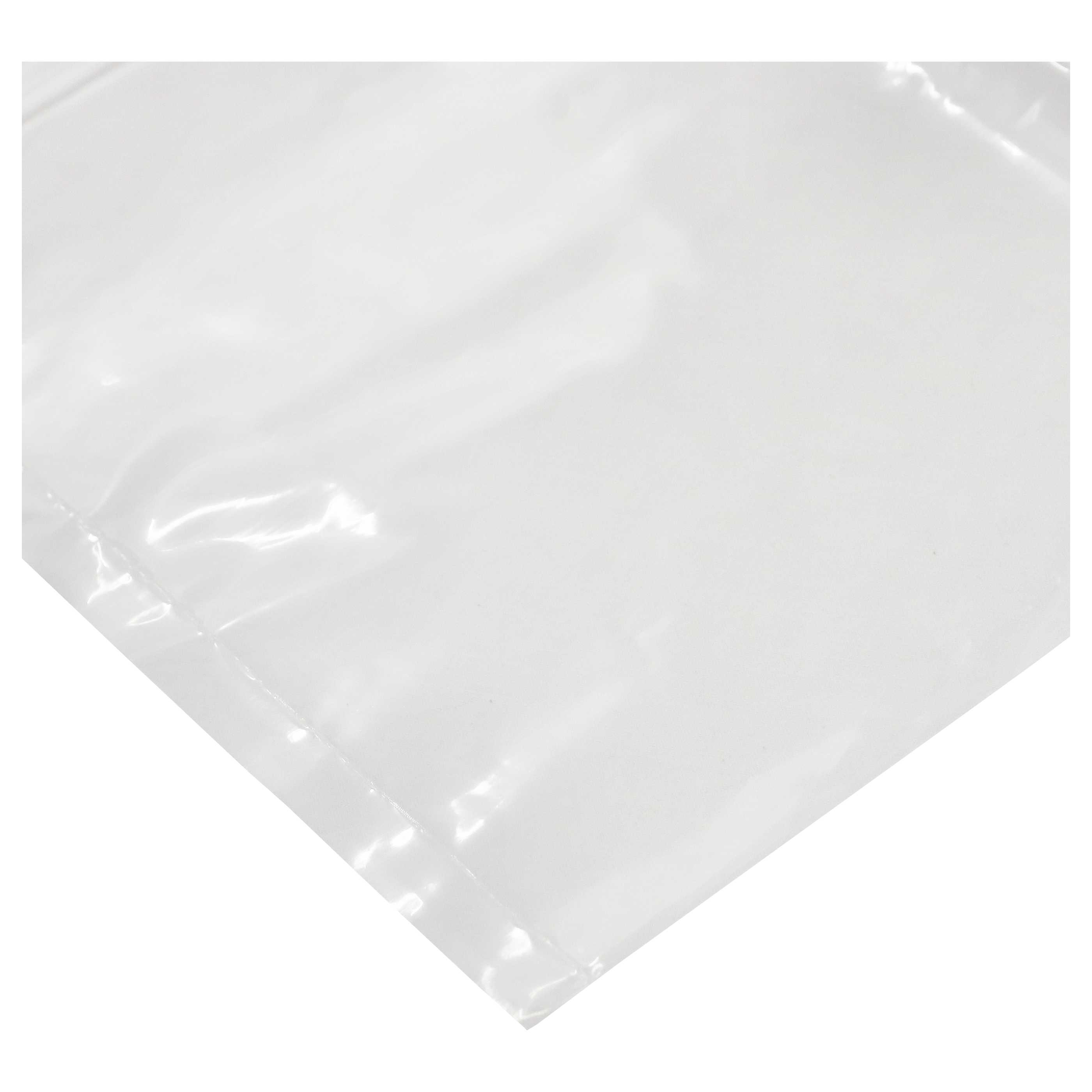 Eine transparente Plastiktüte wird gezeigt. Die Tüte ist leer und hat eine versiegelte Kante. Der Hintergrund ist weiß.