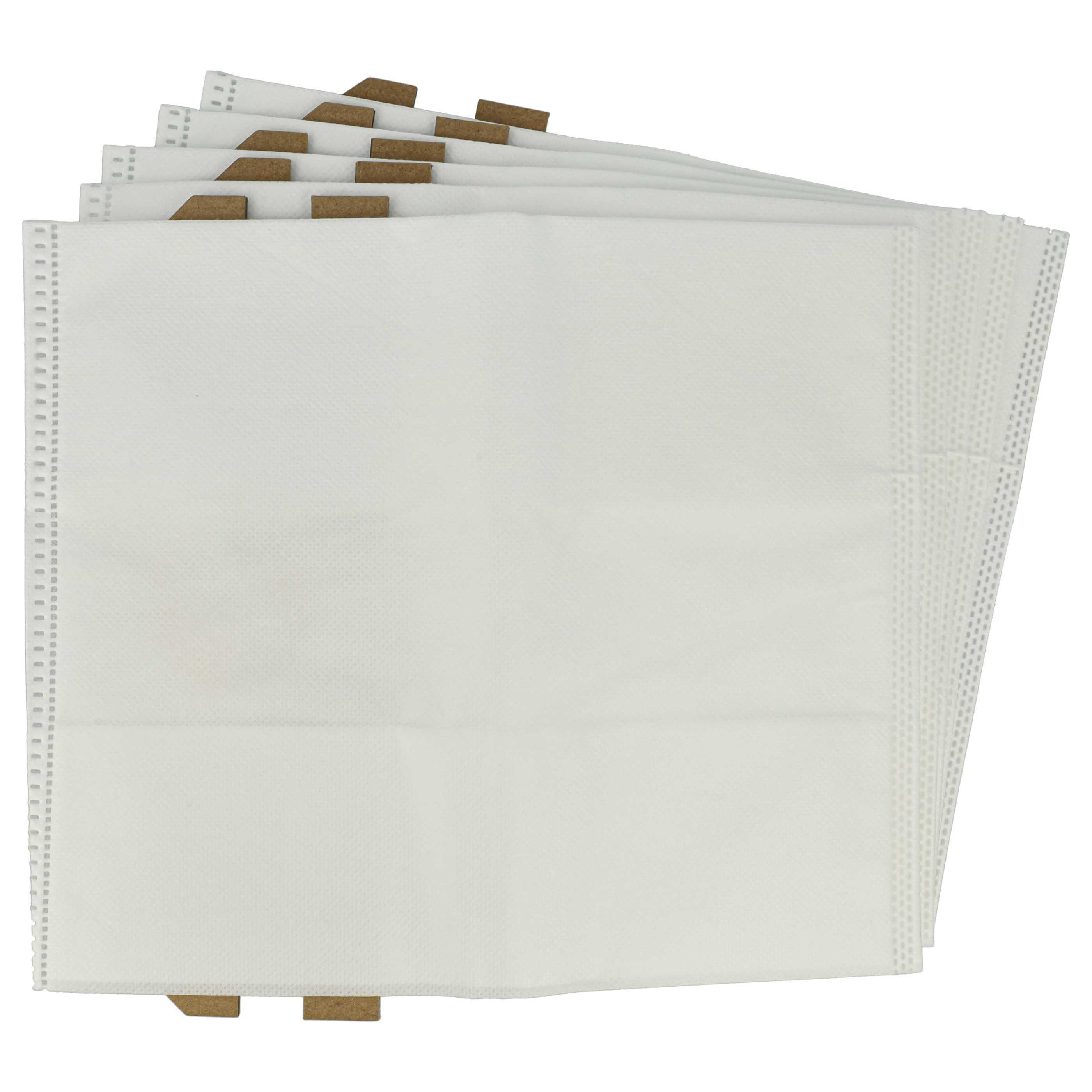 Ein Stapel weißer Papiertaschen mit braunen Laschen, auf weißem Hintergrund aufgefächert. Das Papier ist strukturiert.