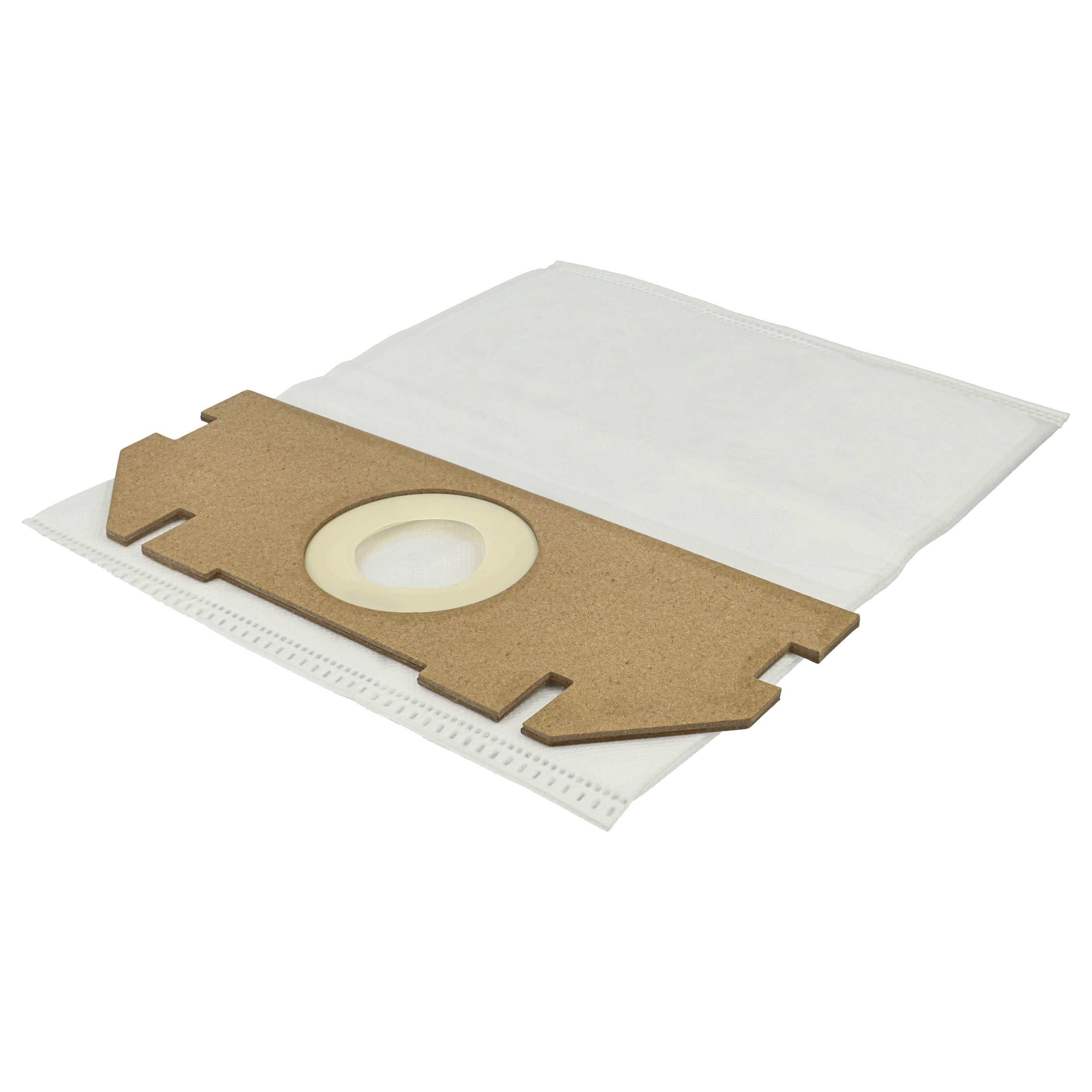 Ein Staubsaugerfilter. Er hat einen braunen Kartonrahmen mit einem weißen Filterbeutel und einer weißen Papierschicht.