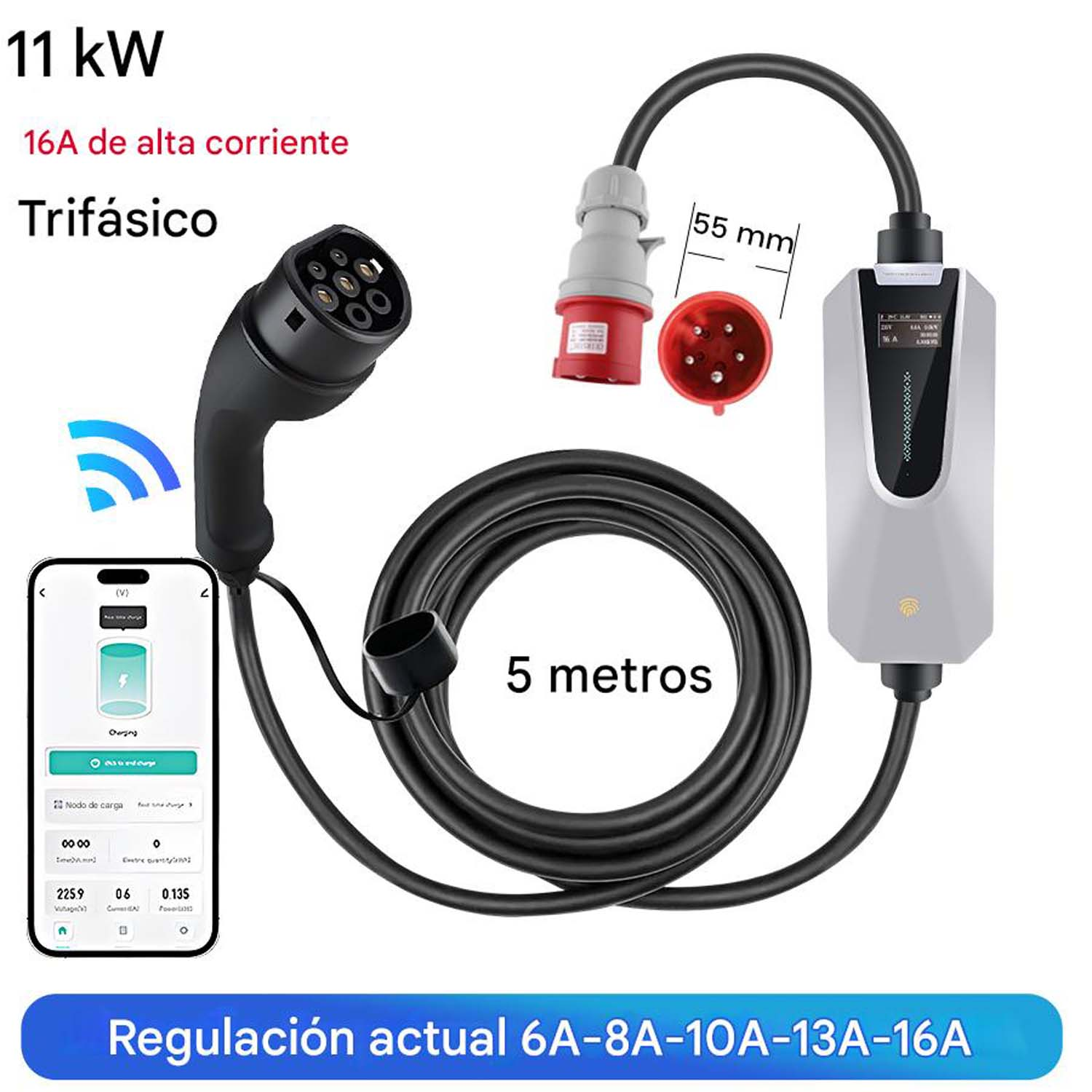 Un cargador de vehículo eléctrico con cable negro, puerto de carga y pantalla que muestra el estado de carga. Texto incluye potencia y regulación.