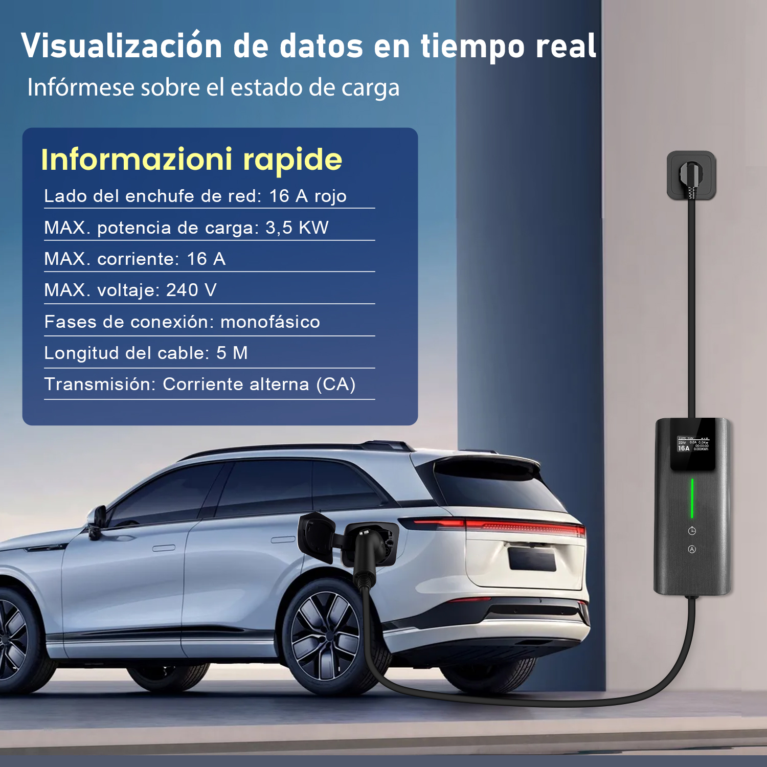 Un coche eléctrico se está cargando. Una estación de carga muestra datos, con un cable conectado al coche. Se muestra información sobre la carga.