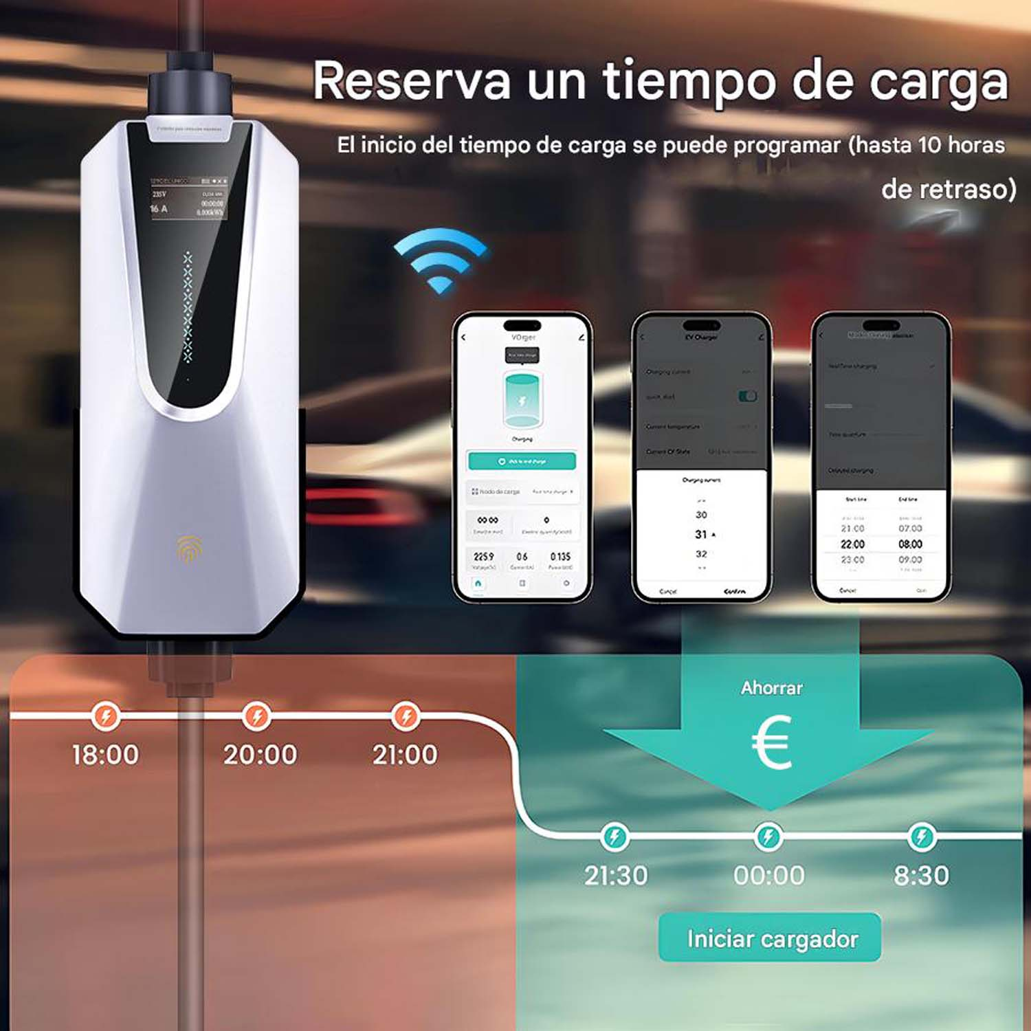 Un cargador de vehículos eléctricos con teléfonos inteligentes que muestran información de carga. También hay horarios y un símbolo de euro.