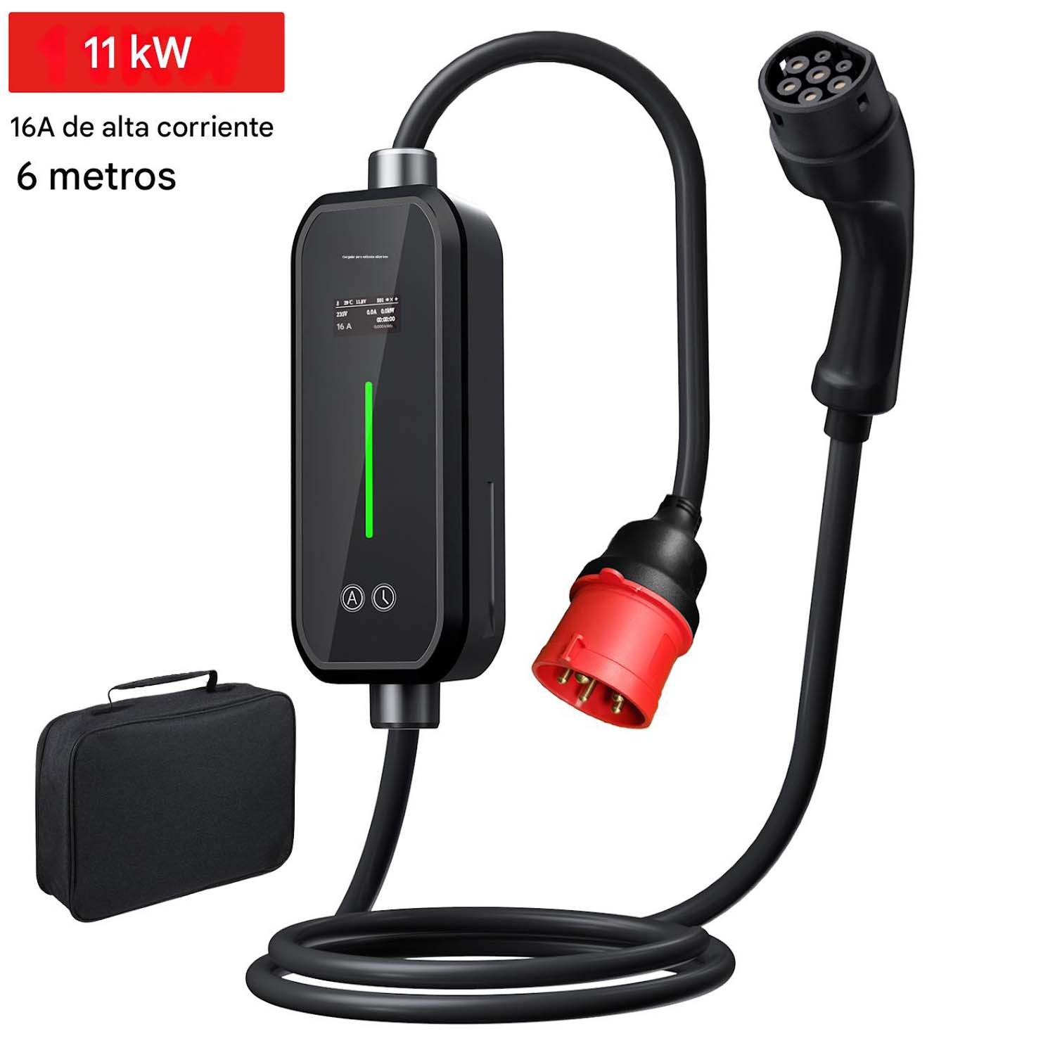 Un cargador para vehículos eléctricos. Tiene un cable negro, un puerto de carga y una pantalla. También se muestra una funda de transporte.