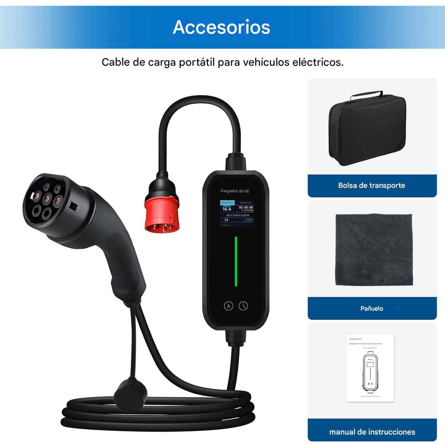 Un cargador para vehículos eléctricos con cable, bolsa de transporte y manual de usuario, todo sobre fondo blanco.