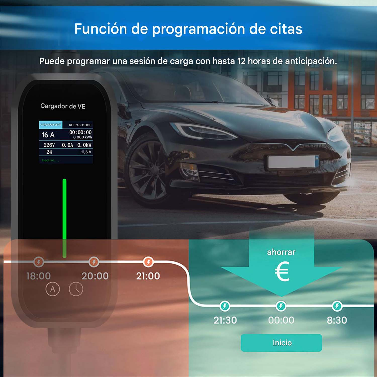 Un coche eléctrico cargando, con un horario de tiempos abajo, y una pantalla mostrando el estado de carga. El coche es negro.
