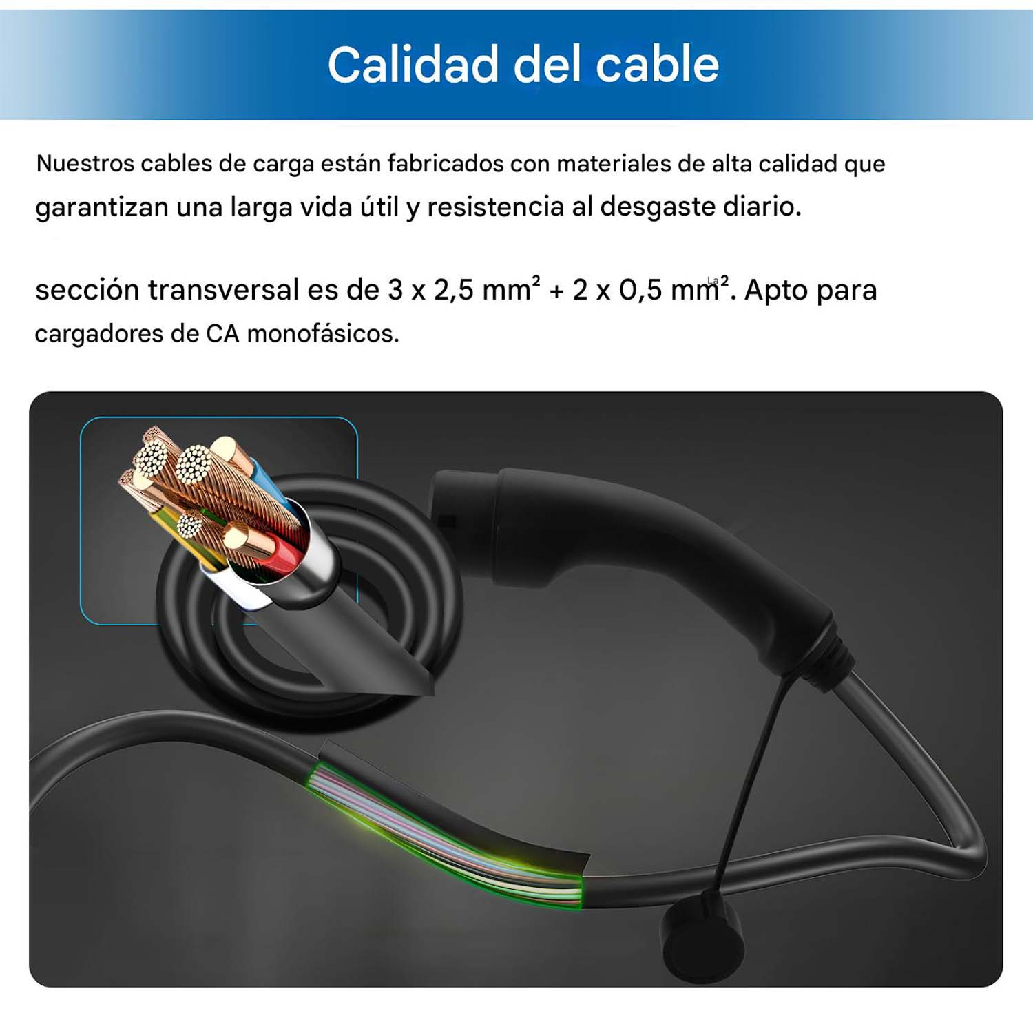 La imagen muestra la sección transversal de un cable con cables de cobre, conectado a un enchufe negro. El texto describe la calidad y las especificaciones del cable.