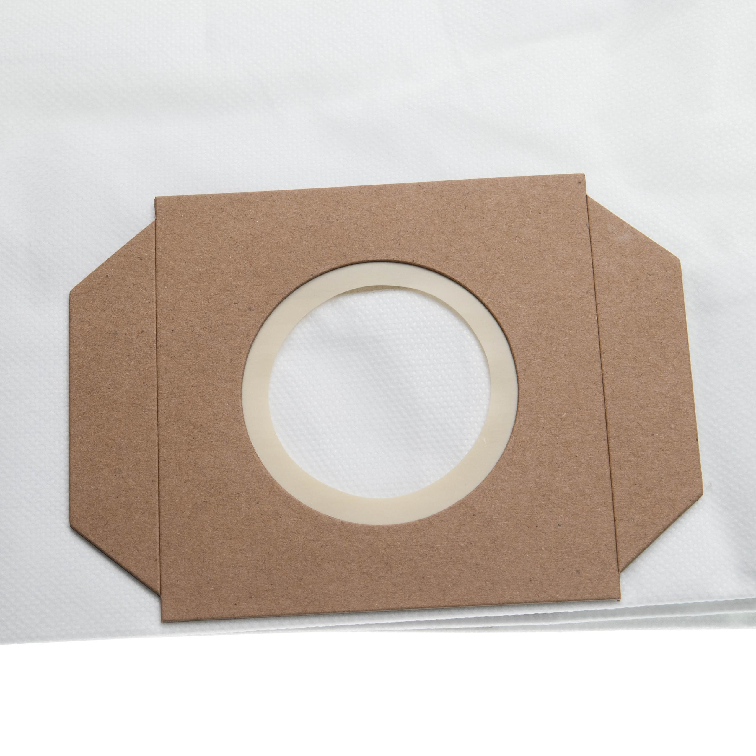 Nahaufnahme eines Staubsaugerbeutelfilters. Er hat einen braunen Papierrahmen mit einem zentralen weißen Filter und einem beigen Ring.