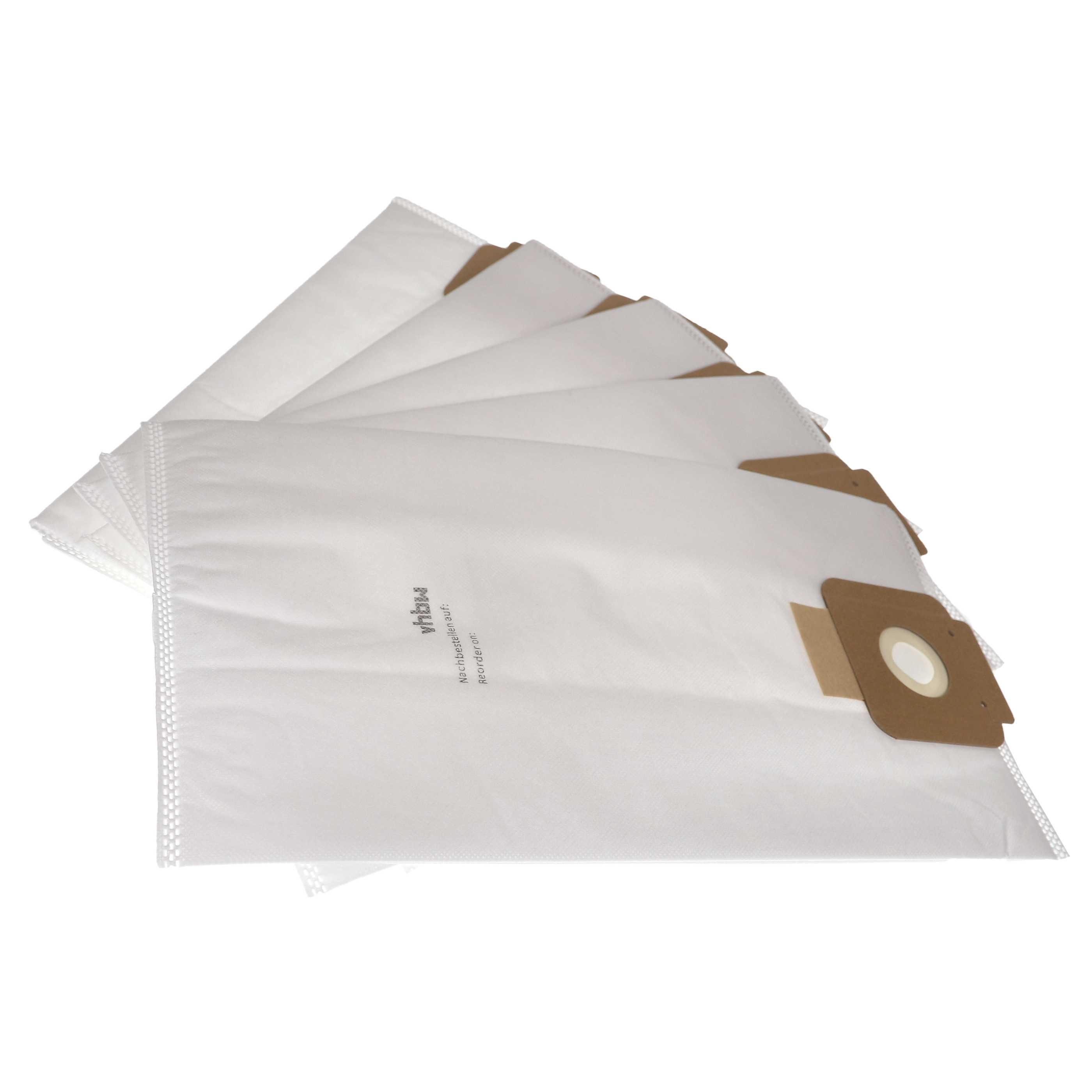 Mehrere weiße Staubsaugerbeutel sind aufgefächert. Jeder hat einen braunen Kartonabschnitt mit Loch.