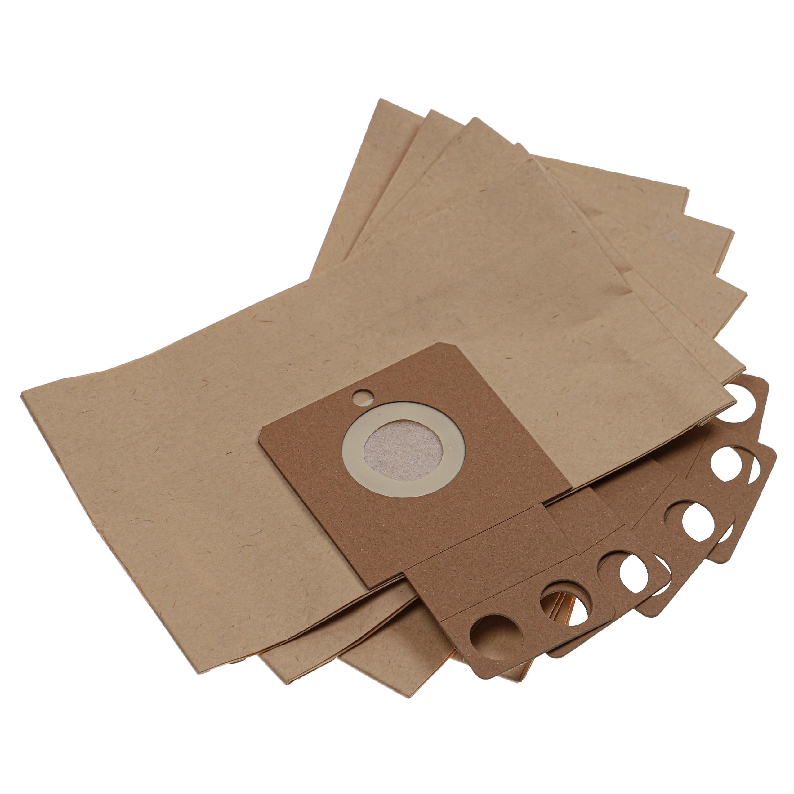 Mehrere braune Staubsaugerbeutel aus Papier sind gestapelt. Ein Beutel hat ein Kartonstück mit Loch und Filter.
