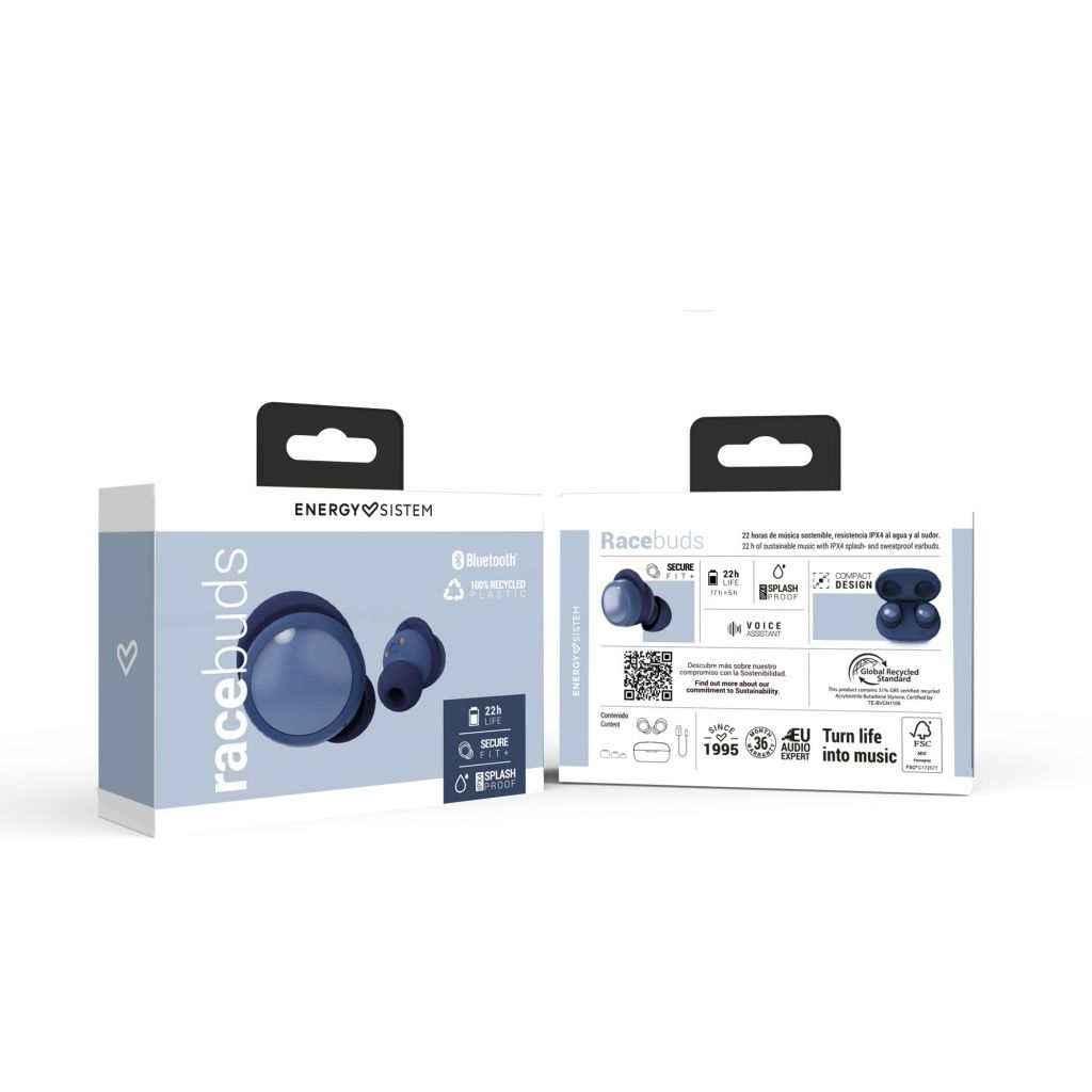 Una scatola del prodotto di auricolari Bluetooth 'Racebuds'. La scatola è bianca e blu, con dettagli e icone.