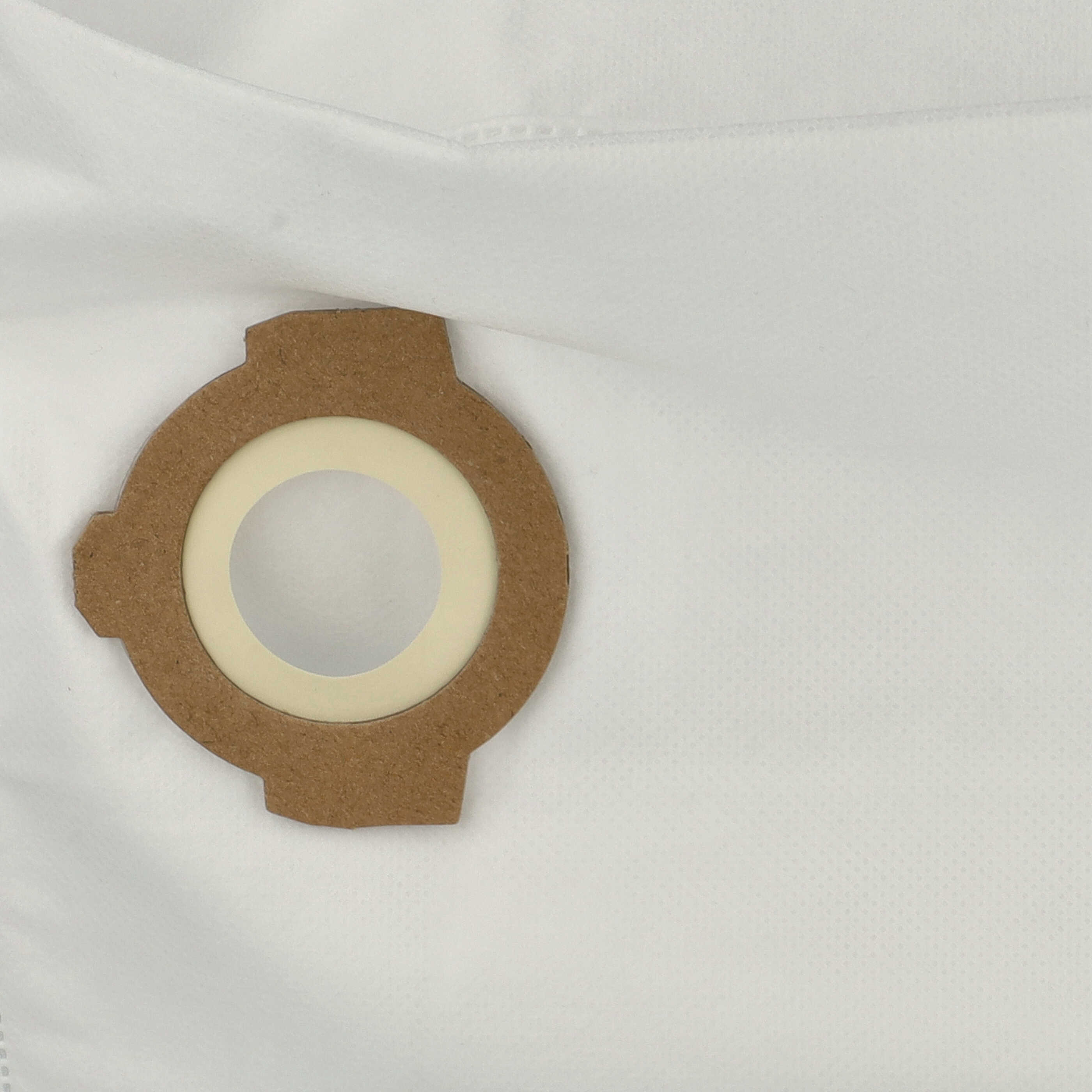 Ein weißer Staubsaugerbeutel mit einem braunen Pappring. Der Ring hat einen zentralen beigen Kreis.