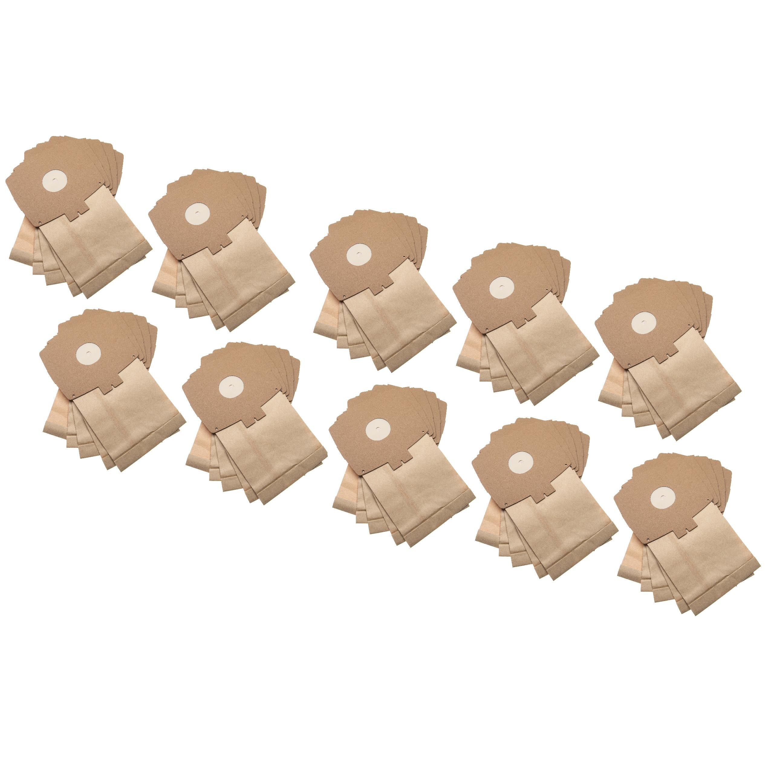 Mehrere Staubsaugerbeutel, diagonal angeordnet. Sie sind beige mit braunen Oberteilen und weißen Kreisen.