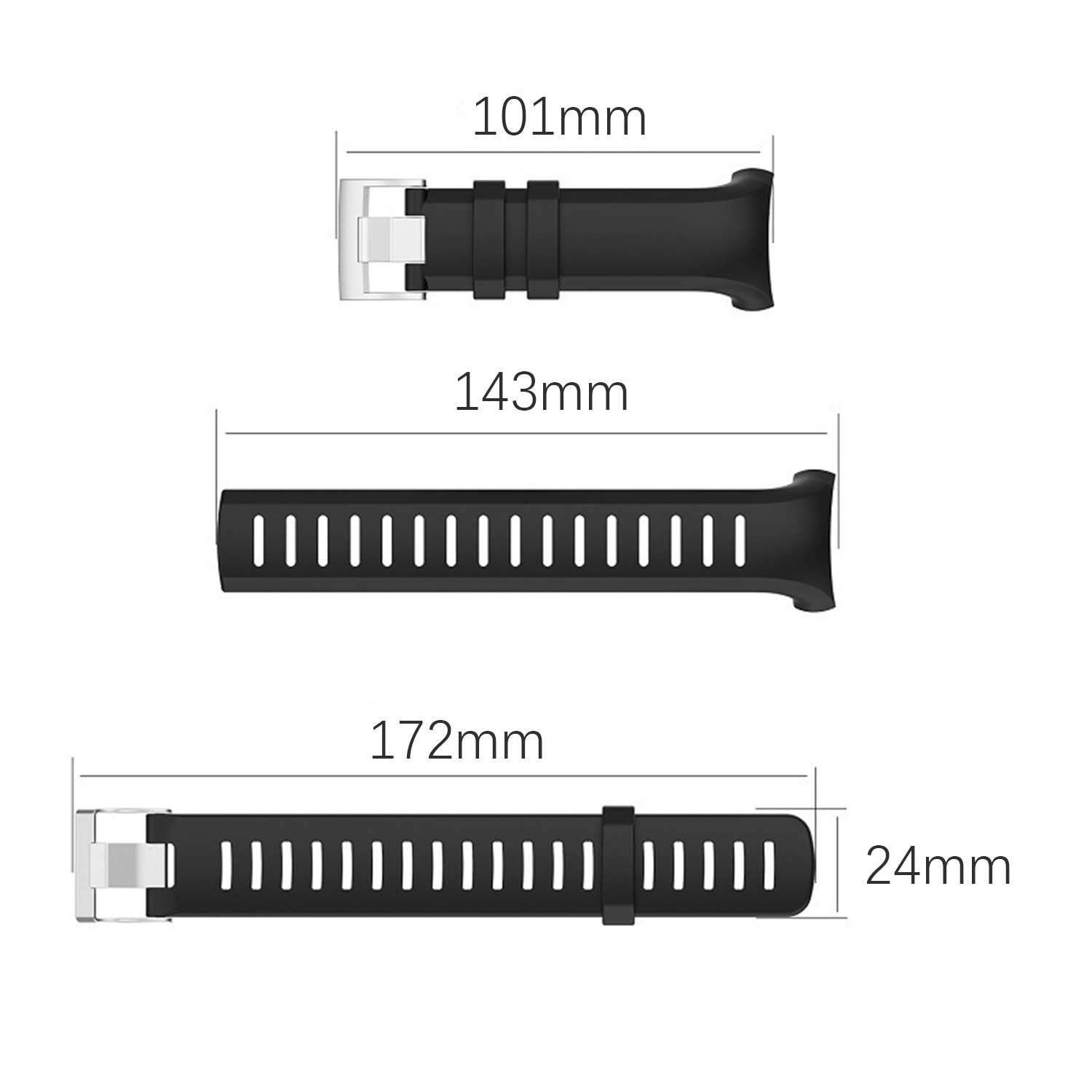 Drei schwarze Uhrenarmbänder unterschiedlicher Länge (101 mm, 143 mm, 172 mm) mit silbernen Verschlüssen, mit Größenangaben.
