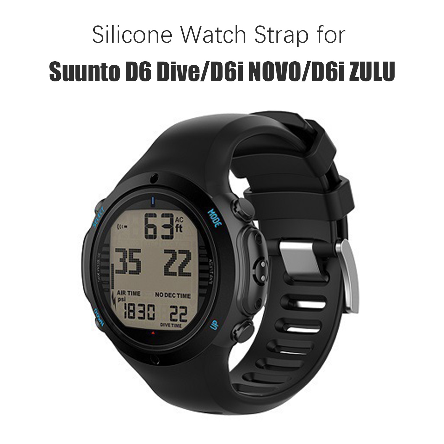 Eine schwarze Suunto-Tauchuhr mit Digitalanzeige. Die Uhr hat ein schwarzes Silikonarmband.