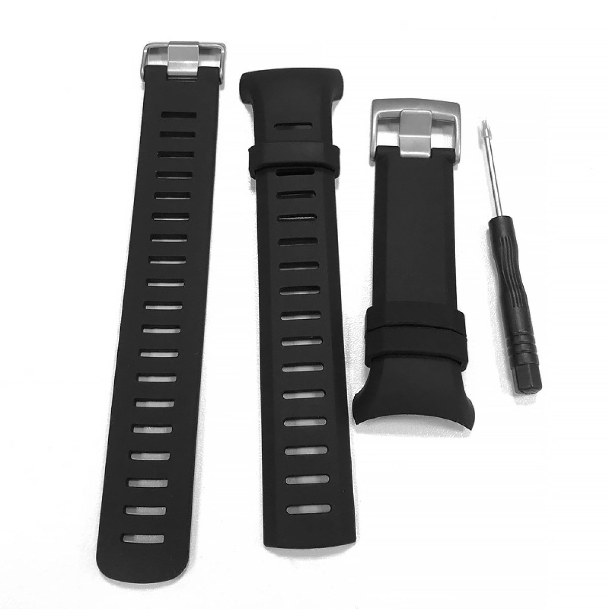 Vier schwarze Uhrenarmbänder und ein kleiner Schraubendreher auf weißem Untergrund. Armbänder haben Metallschnallen und Schlitze.