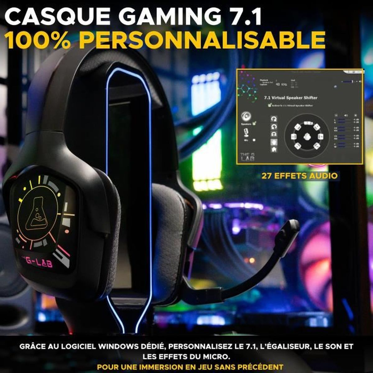 Schwarzes Gaming-Headset mit blauen Akzenten, Mikrofon und Bildschirm mit Soundeinstellungen. Text: 'CASQUE GAMING 7.1'.