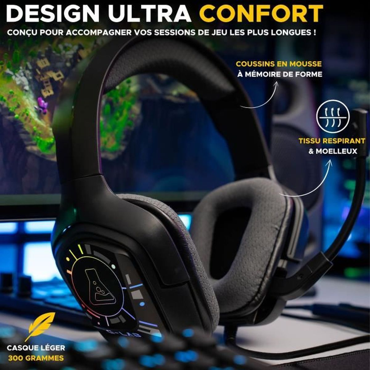 Ein schwarzes Gaming-Headset mit Mikrofon wird gezeigt, mit Text, der Funktionen wie Memory-Foam-Kissen und atmungsaktives Gewebe beschreibt.