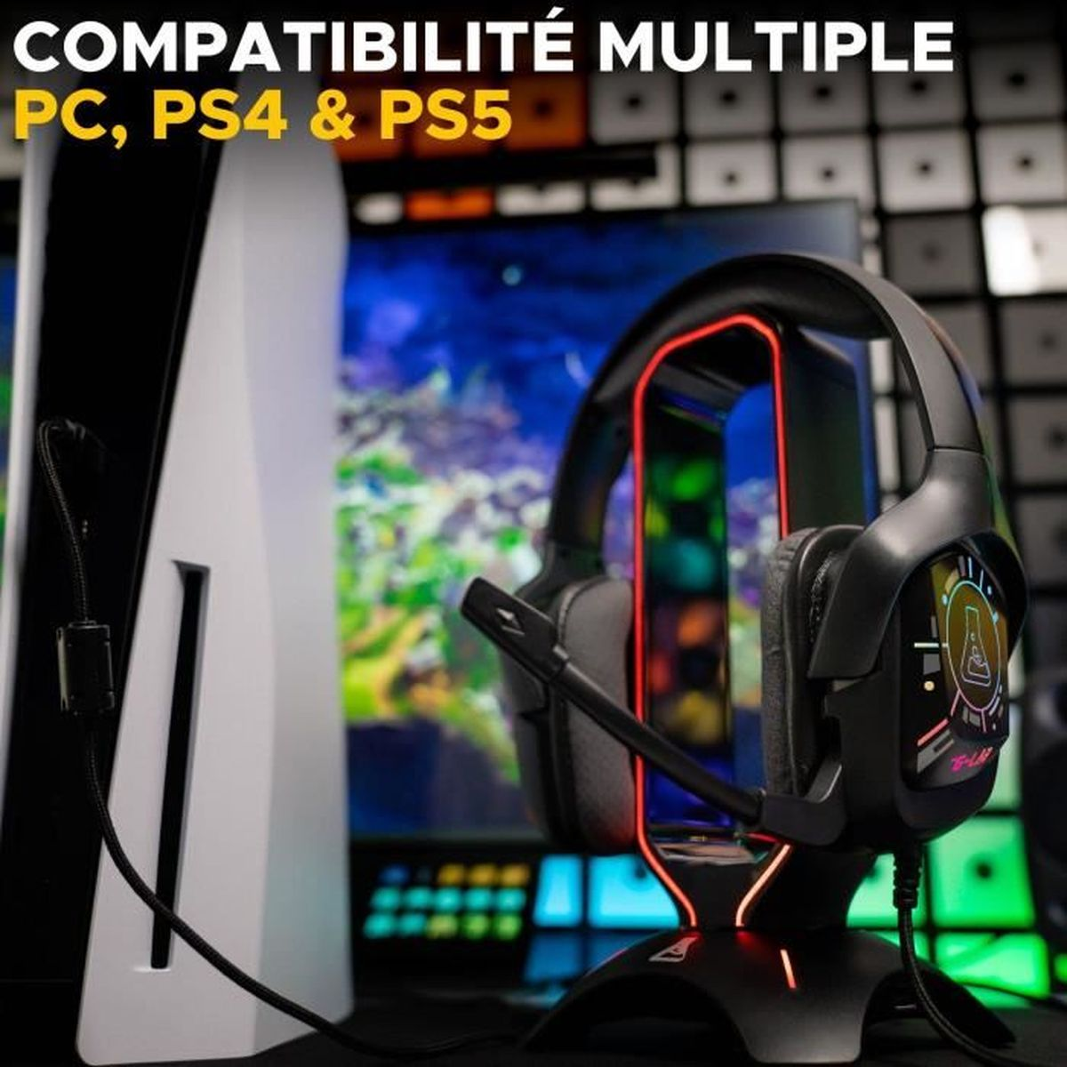 Schwarzes Gaming-Headset auf Ständer mit roten Lichtern. Links eine weiße PS5. Text: PC, PS4 & PS5 kompatibel.