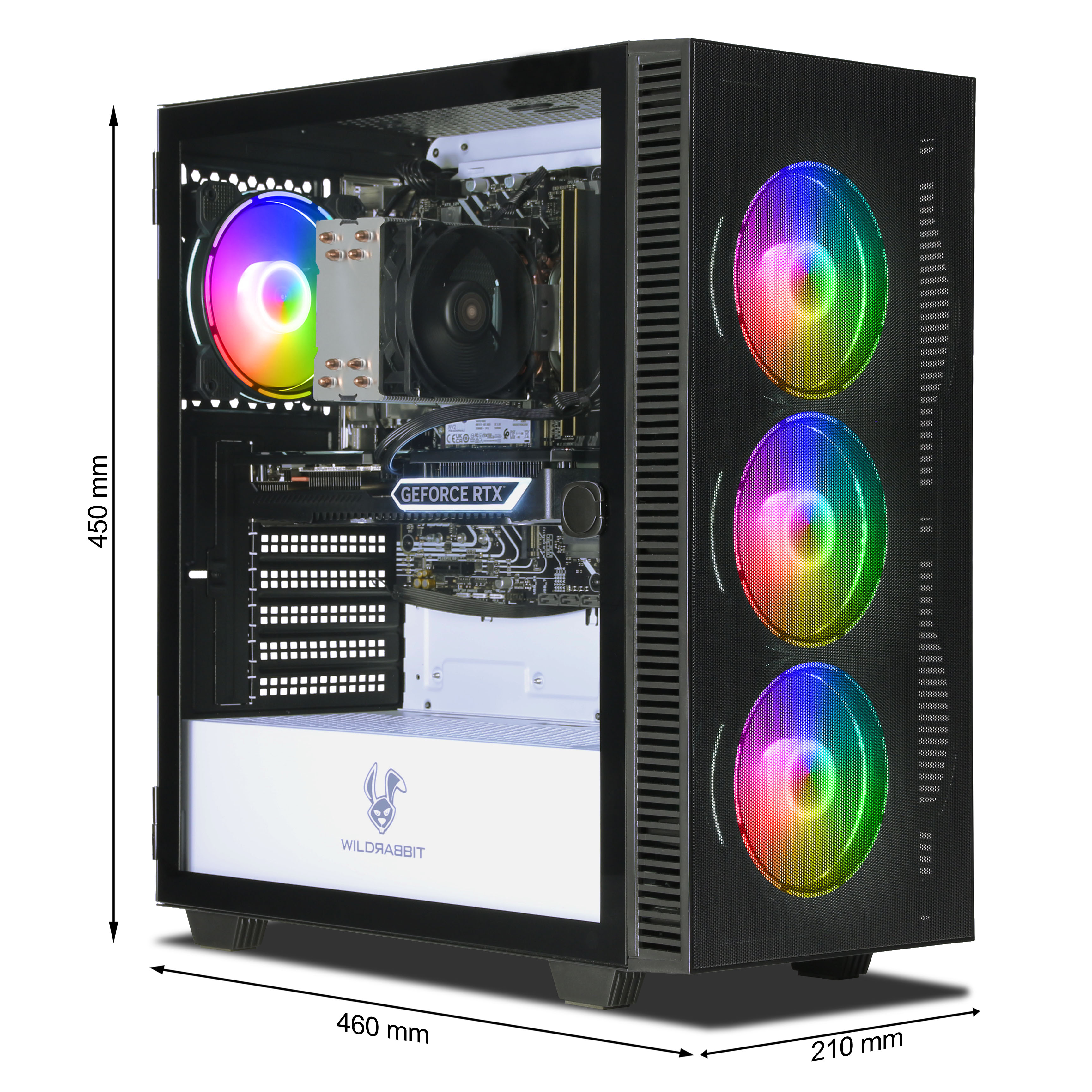 Un boîtier d'ordinateur noir avec des ventilateurs RVB. Des composants internes sont visibles, dont une carte graphique et un refroidisseur CPU.