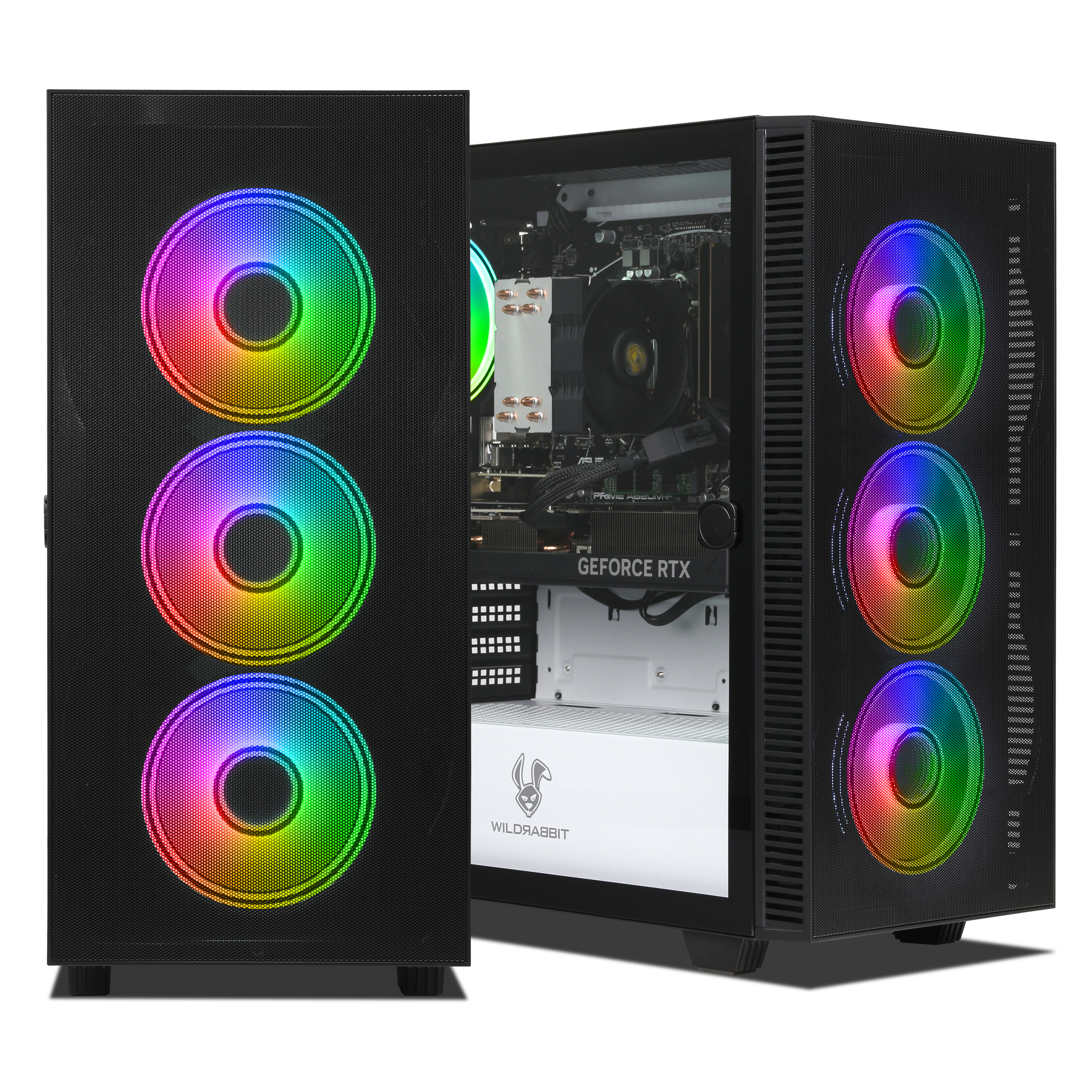 Ein Computergehäuse mit Regenbogen-LED-Lüftern. Die Seitenwand ist geöffnet und zeigt die inneren Komponenten.