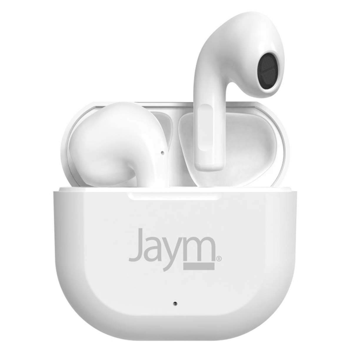 Auricolari Jaym bianchi in una custodia di ricarica. La custodia ha il logo Jaym. Un auricolare è fuori dalla custodia.