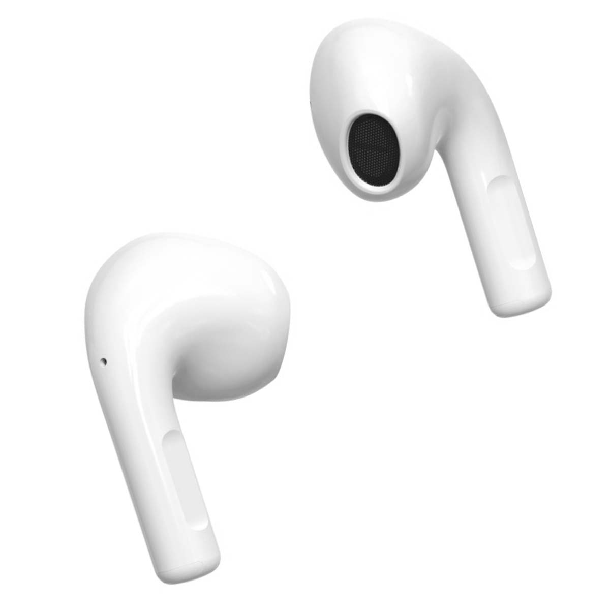 Due auricolari wireless bianchi, uno con mesh visibile, isolati su sfondo bianco. Entrambi hanno una finitura liscia e lucida.