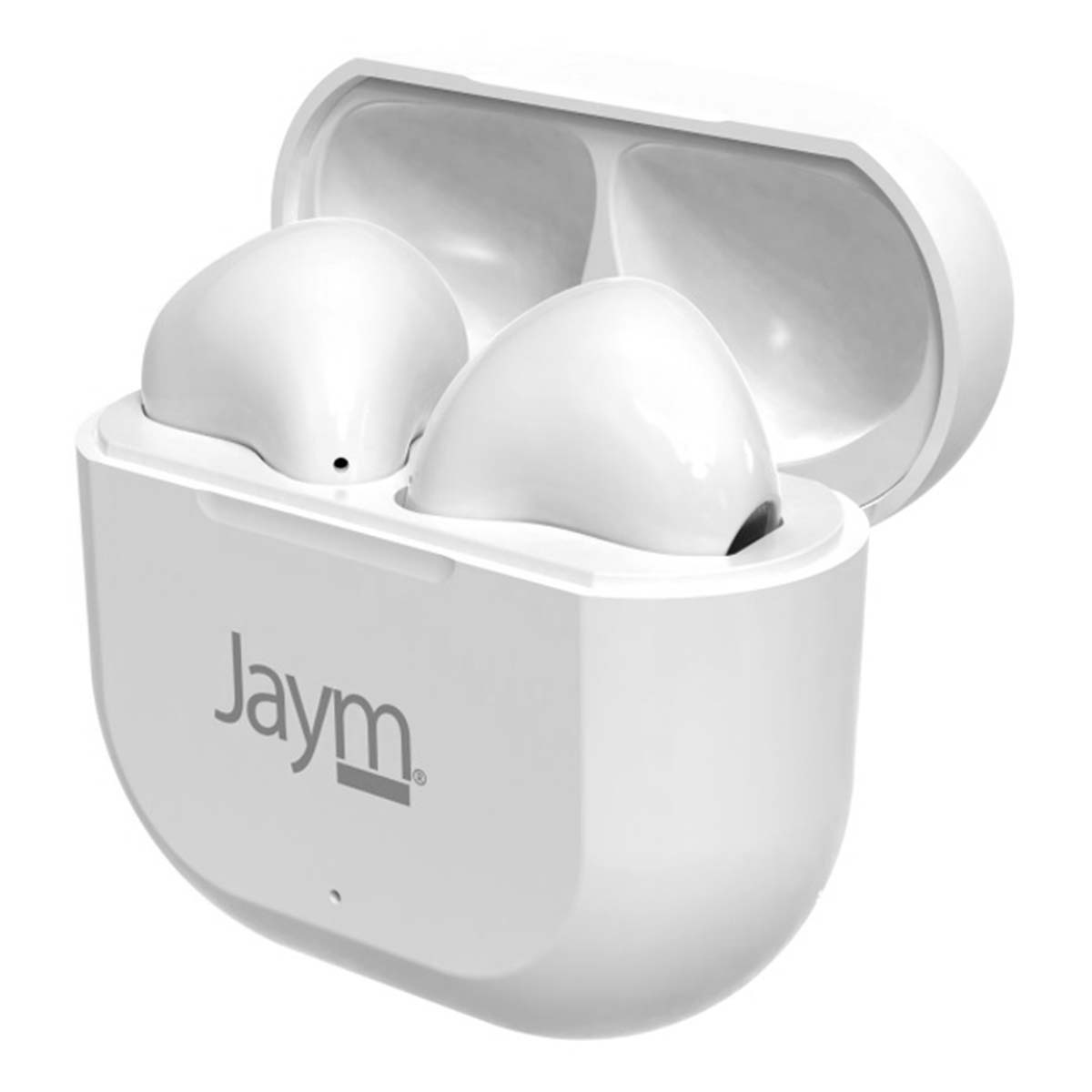 Auricolari Jaym bianchi in una custodia di ricarica aperta. La custodia e gli auricolari sono bianchi, il marchio è visibile.