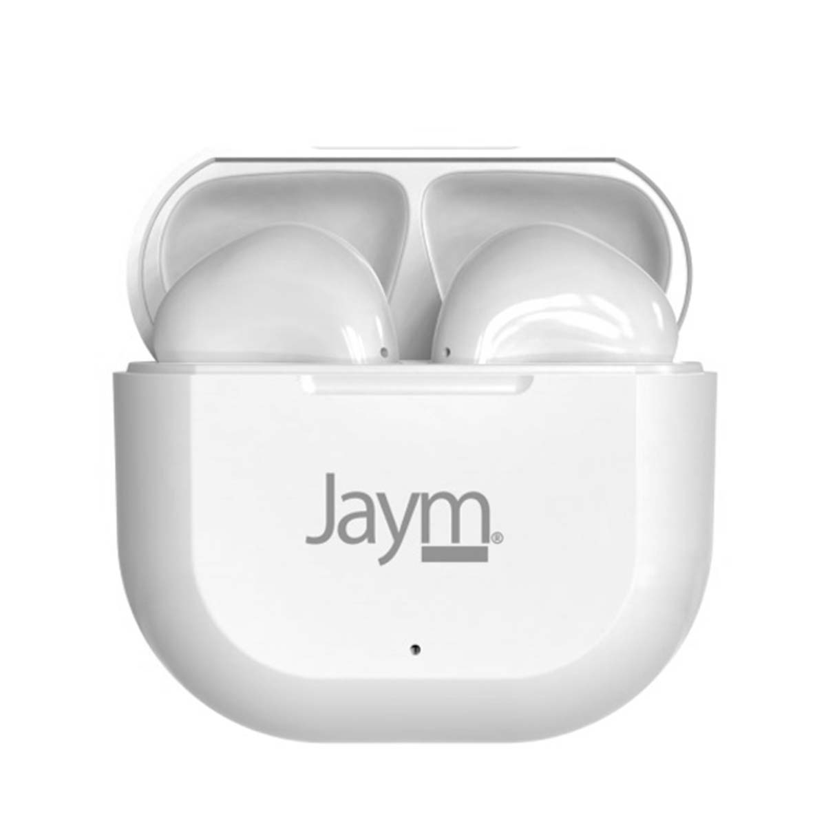 Auricolari Jaym bianchi in una custodia di ricarica aperta. La custodia e gli auricolari sono bianchi. Il nome del marchio è visibile sulla custodia.