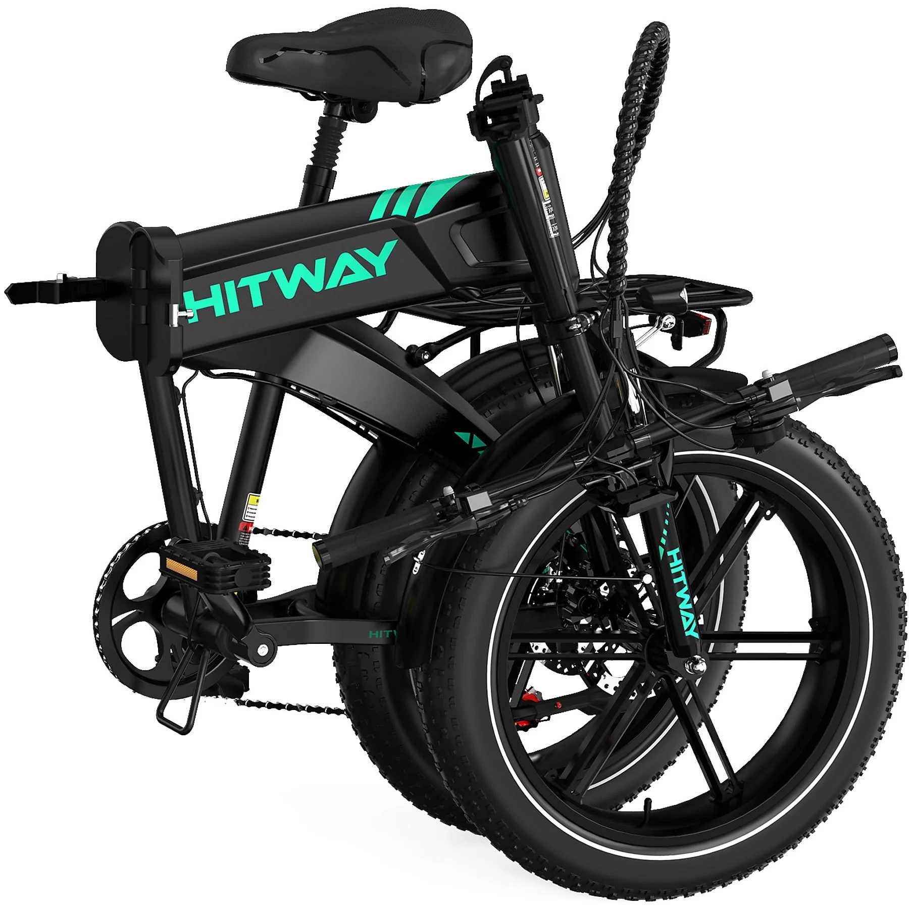 Schwarzes HITWAY-Klapp-E-Bike. Es hat schwarze Reifen mit weißer Zierleiste und einen schwarzen Rahmen mit grünen Akzenten.