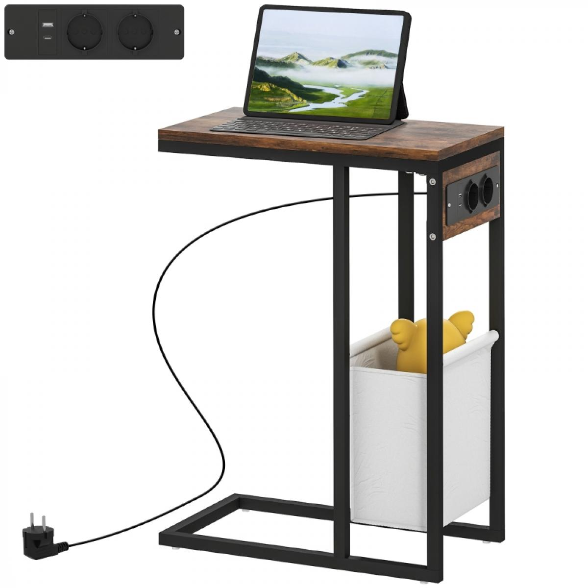 Ein Beistelltisch mit Tablet, Steckdosen und Aufbewahrungskorb. Es hat ein schwarzes Gestell und eine Holzplatte. Ein Ladekabel ist eingesteckt.