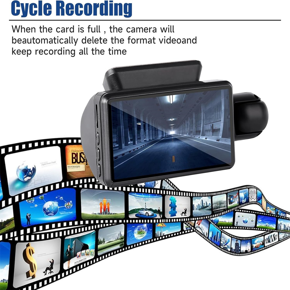 Eine Autokamera zeigt eine Straßenszene. Ein Filmstreifen zeigt verschiedene Symbole. Text oben lautet 'Cycle Recording'.