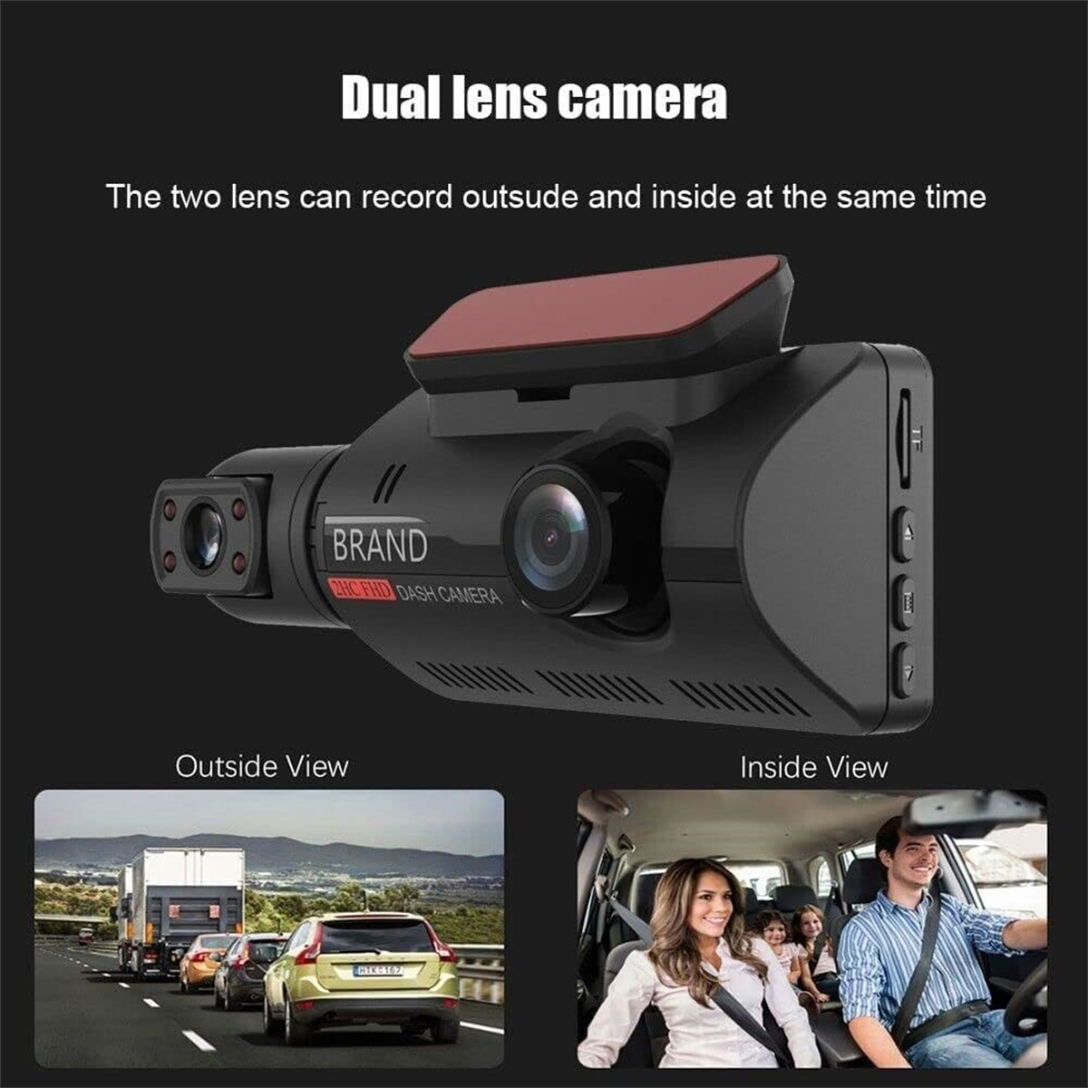 Schwarze Dual-Lens-Dashcam. Unten: Außenansicht von Autos auf der Straße und Innenansicht von Menschen in einem Auto.
