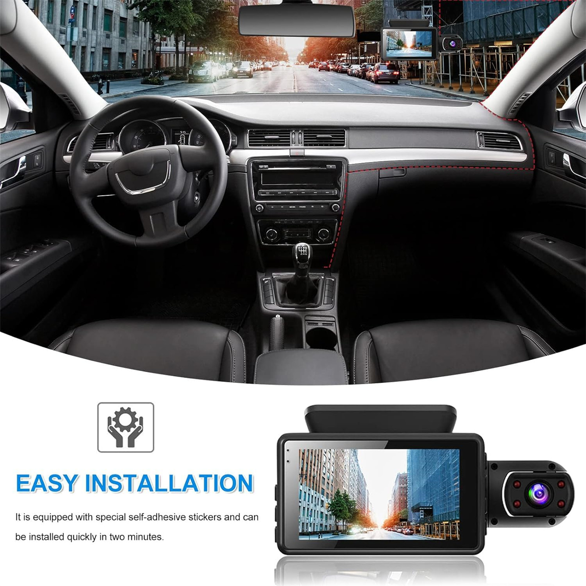 Autointerieur mit Armaturenbrett, Lenkrad und Stadtblick durch die Windschutzscheibe. Eine Dashcam wird mit Text angezeigt: EINFACHE INSTALLATION.