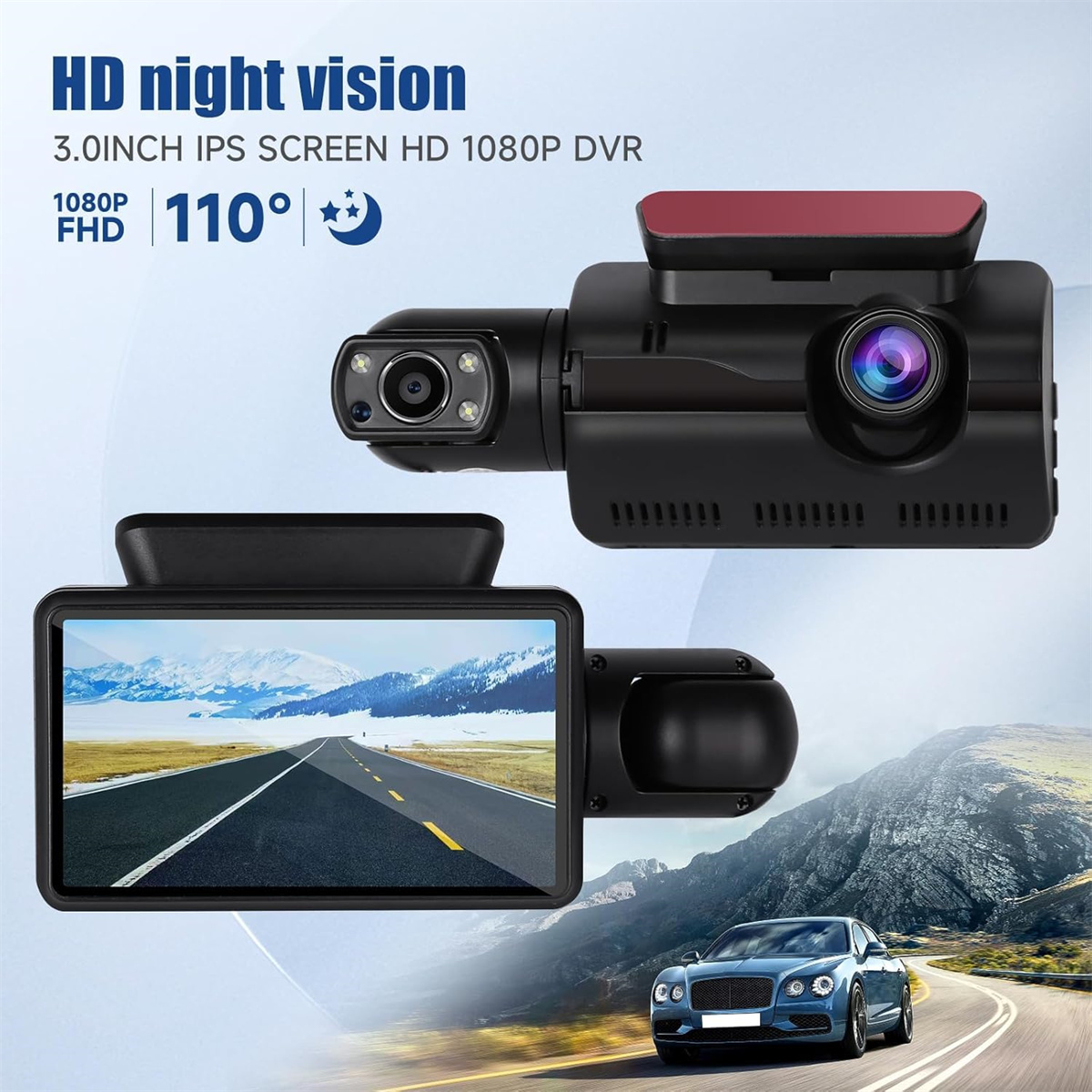 Ein Auto-Dashcam mit Bildschirm, der eine Straße zeigt. Im Hintergrund ein blaues Auto. Text: HD-Nachtsicht, 110°.