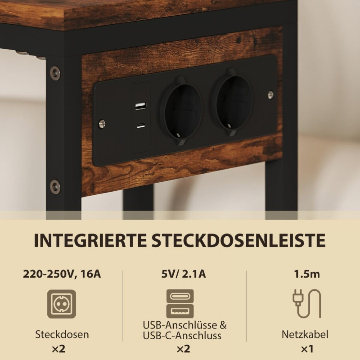 Nahaufnahme eines Holztisches mit integrierten Steckdosen, einschließlich USB-Anschlüssen und Standardsteckdosen. Text zeigt technische Daten.