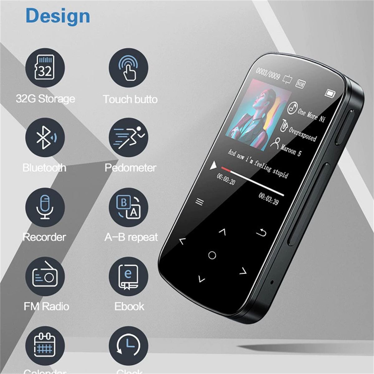 Schwarzer Musikplayer mit Bildschirm, der ein Lied anzeigt, und Icons für Funktionen wie Bluetooth und Recorder.