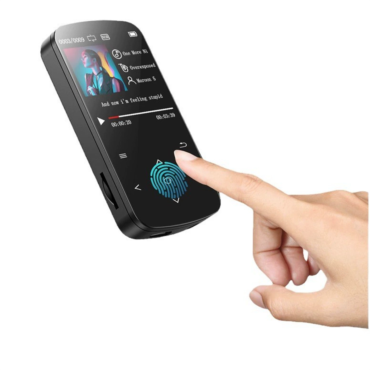 Ein schwarzer MP3-Player zeigt eine Songliste an. Ein Finger berührt den Fingerabdruckscanner auf dem Bildschirm.