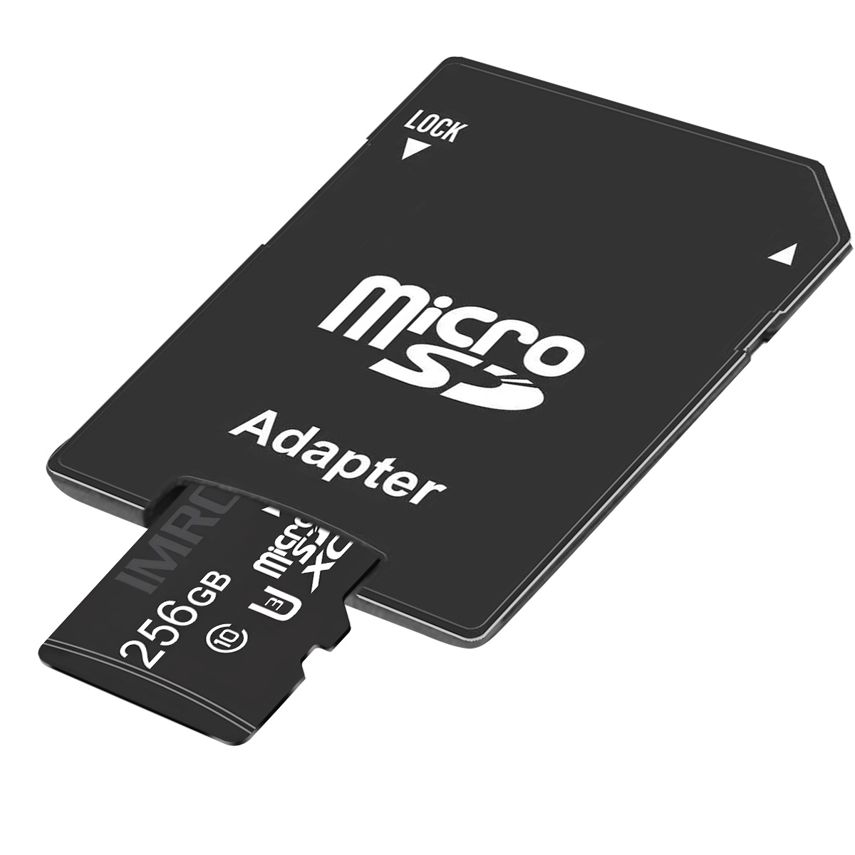 Schwarzer SD-Kartenadapter mit eingelegter Micro-SD-Karte. Adapter hat 'micro SD' und 'adapter' in Weiß. SD-Karte hat 256GB.