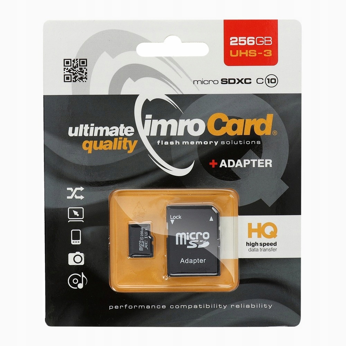 Eine Speicherkarte-Verpackung mit microSD-Karte und Adapter. Die Verpackung zeigt die Marke 'imroCard' und Kapazitätsinformationen.